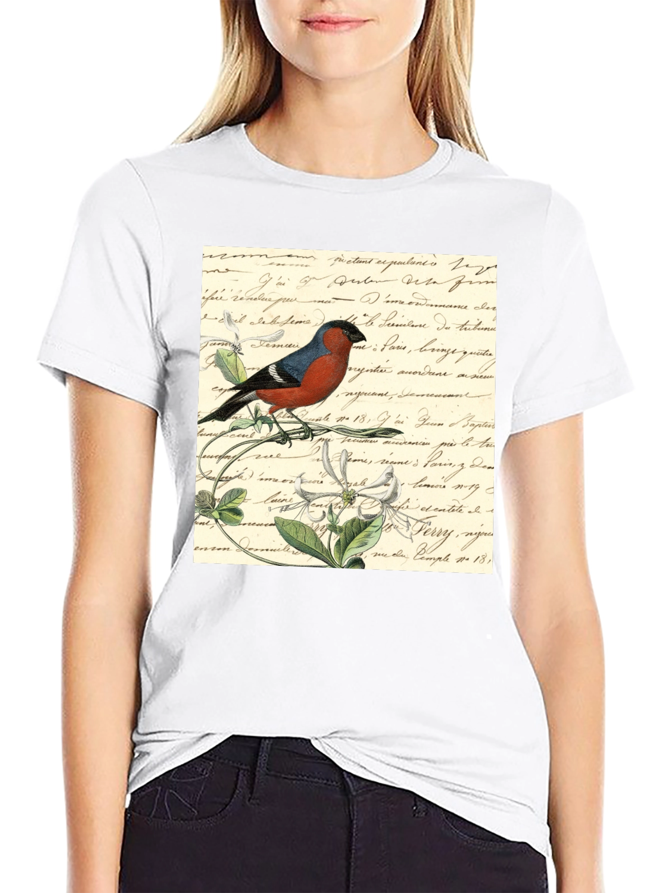 Bird on French Script Black T-Shirt