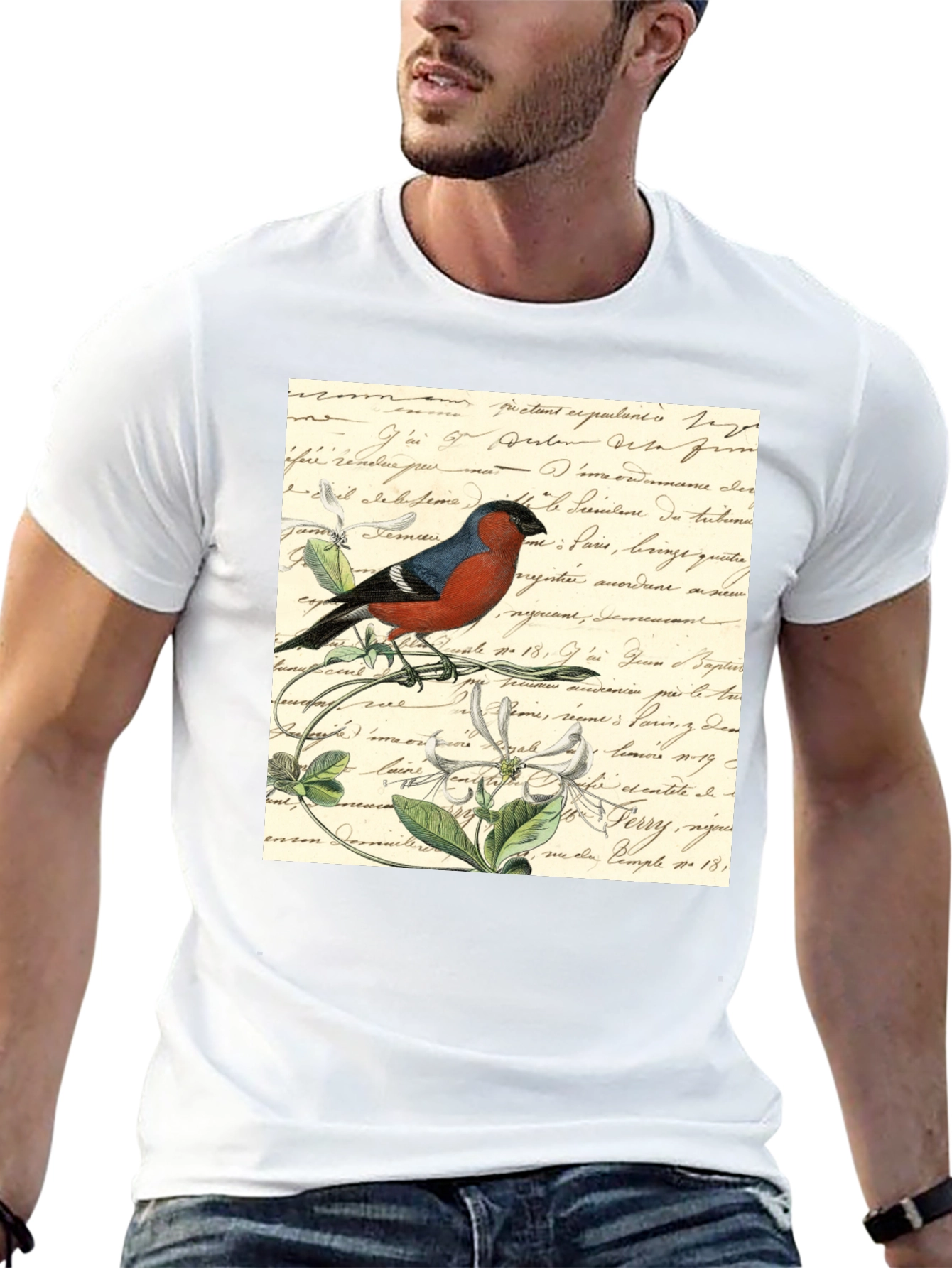 Bird on French Script Black T-Shirt
