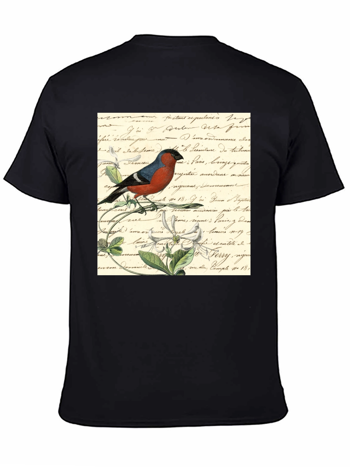 Bird on French Script Black T-Shirt