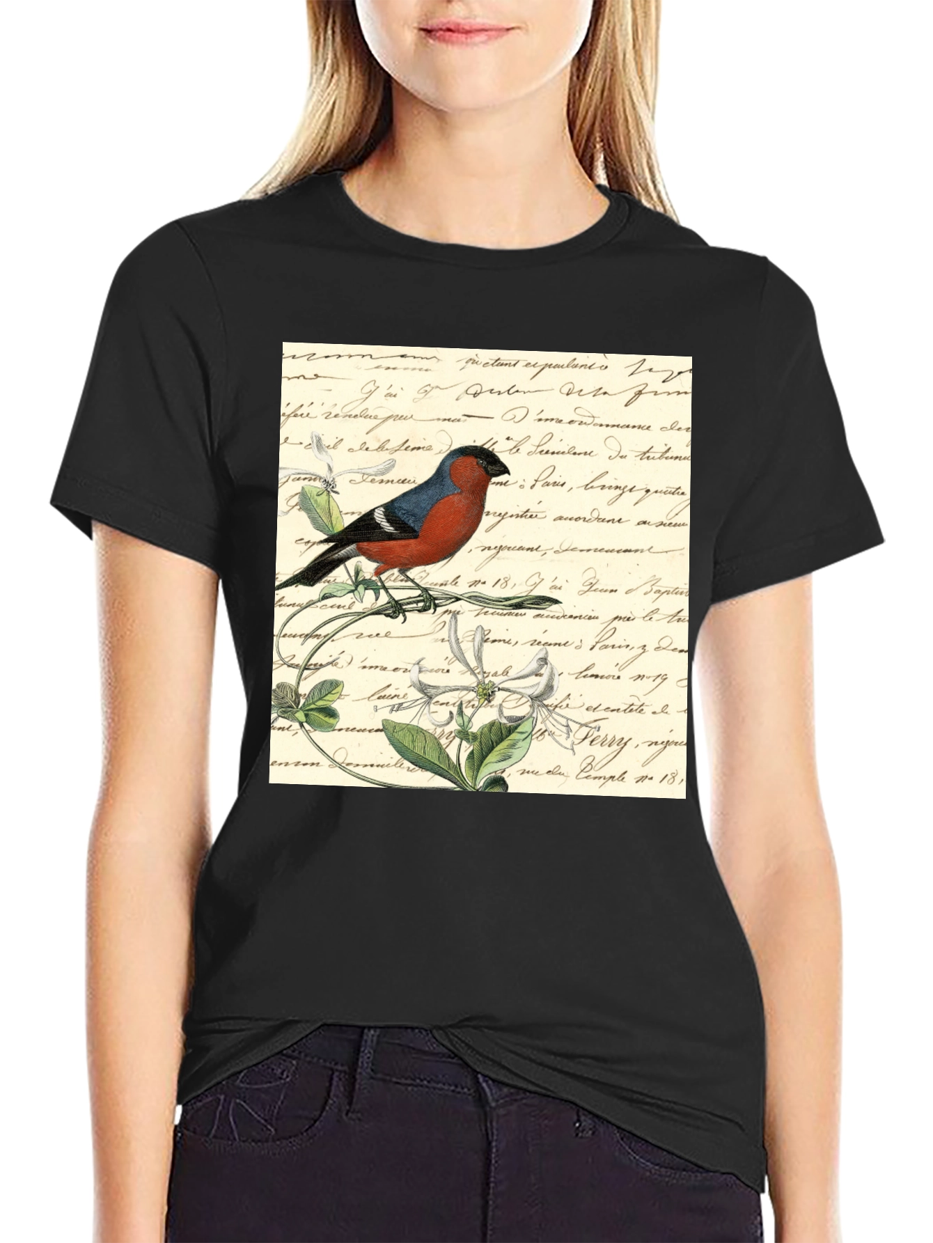Bird on French Script Black T-Shirt