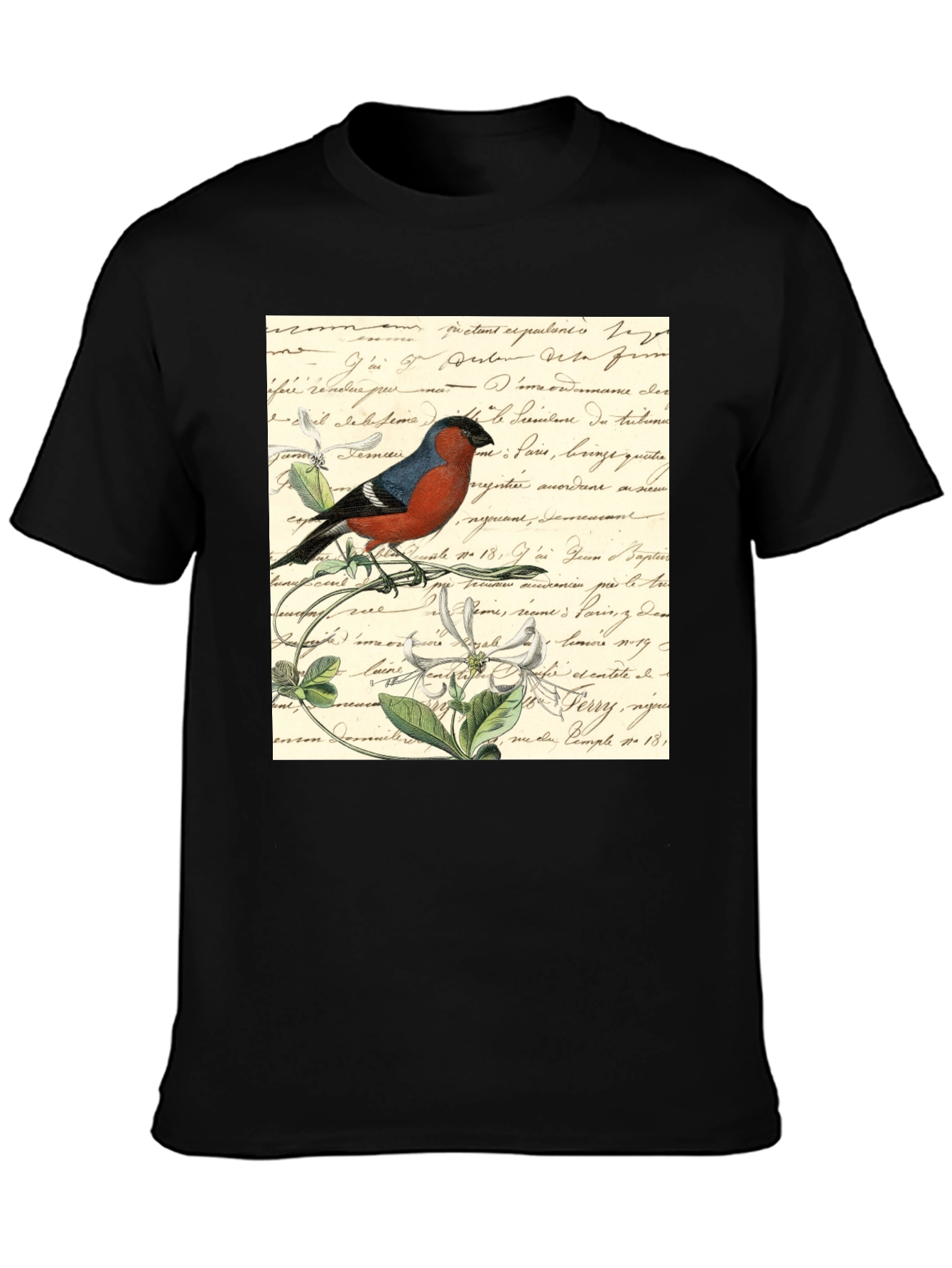 Bird on French Script Black T-Shirt