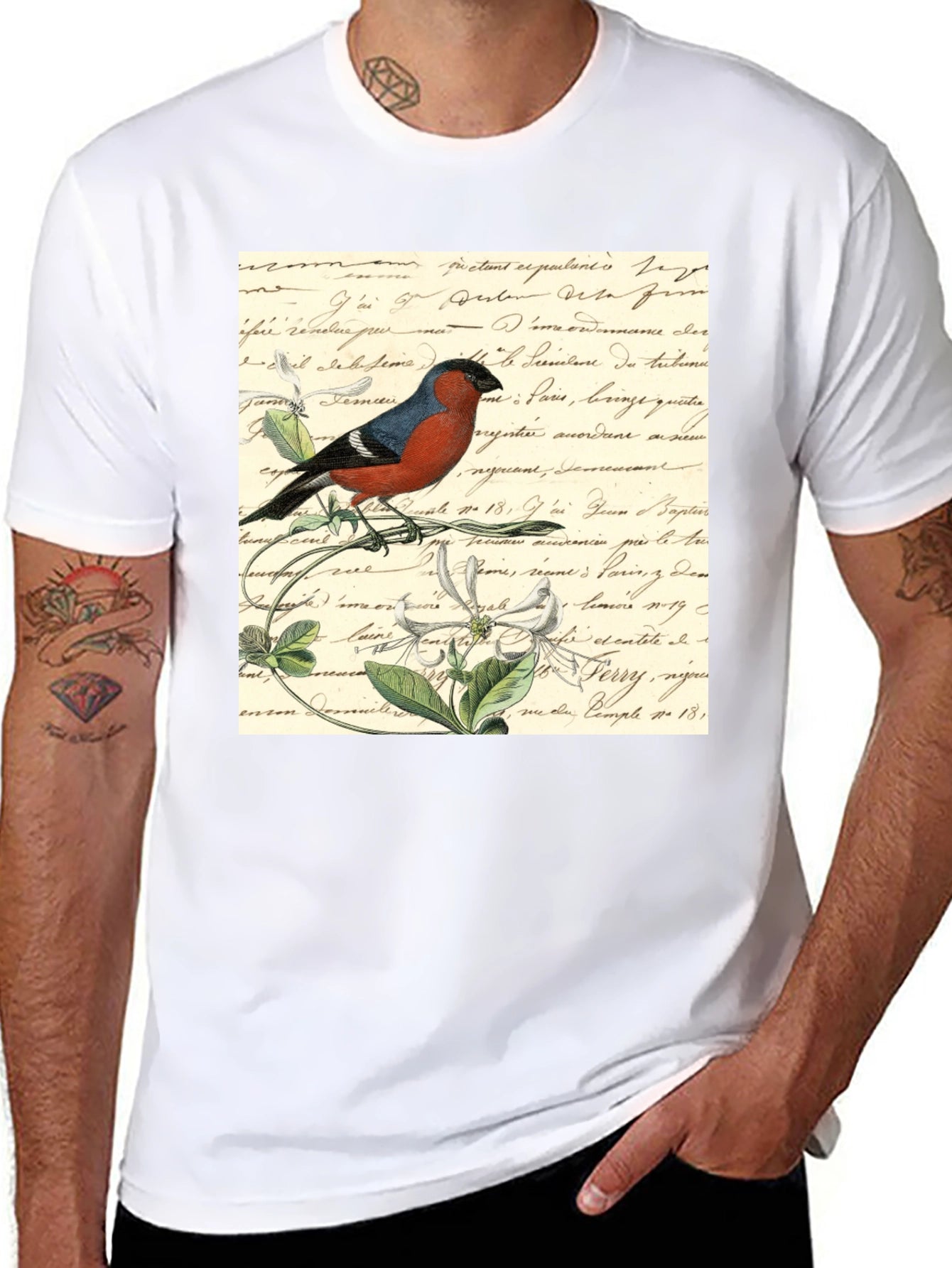 Bird on French Script Black T-Shirt