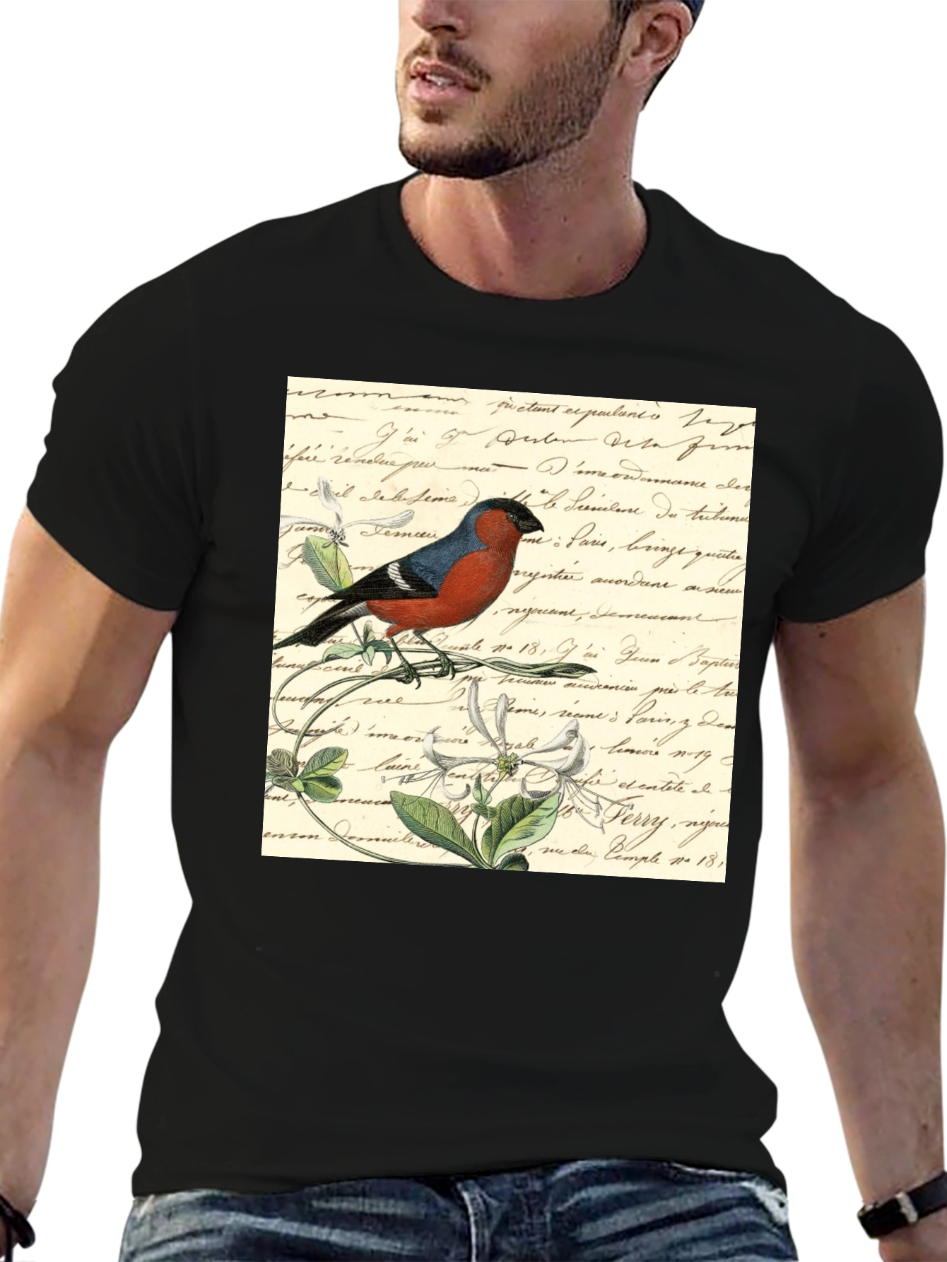 Bird on French Script Black T-Shirt