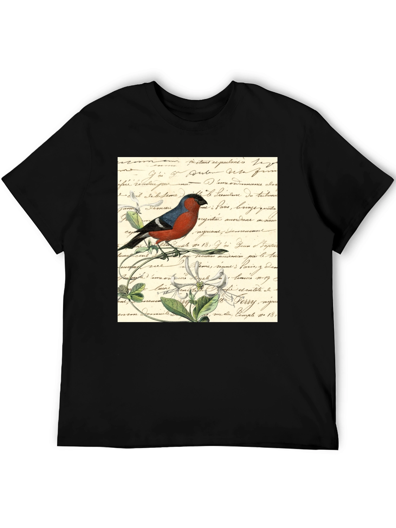 Bird on French Script Black T-Shirt