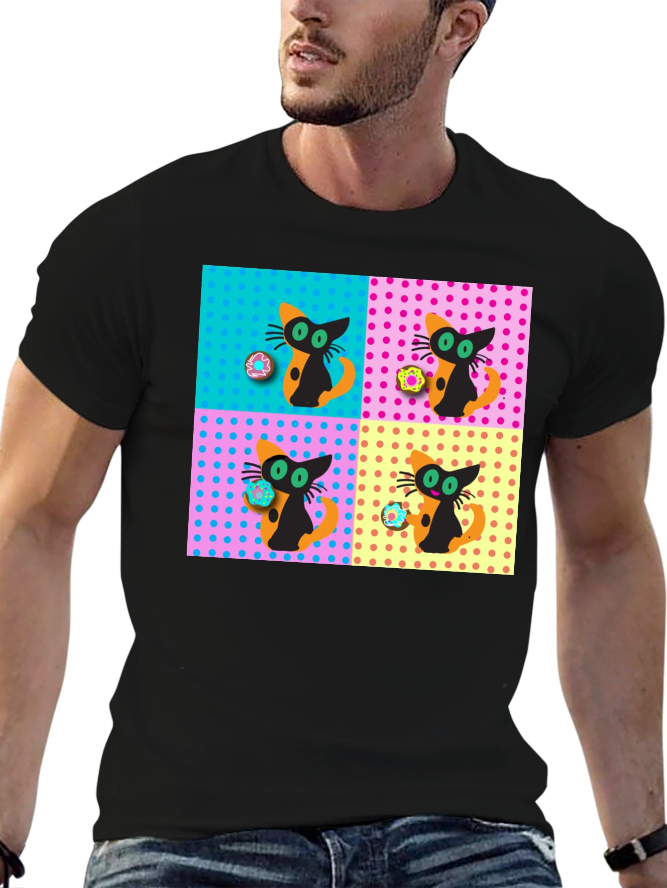 Retro Cat & Donut Pattern Graphic Tee
