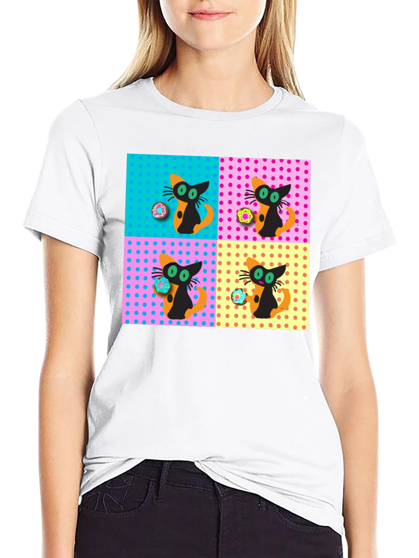 Retro Cat & Donut Pattern Graphic Tee