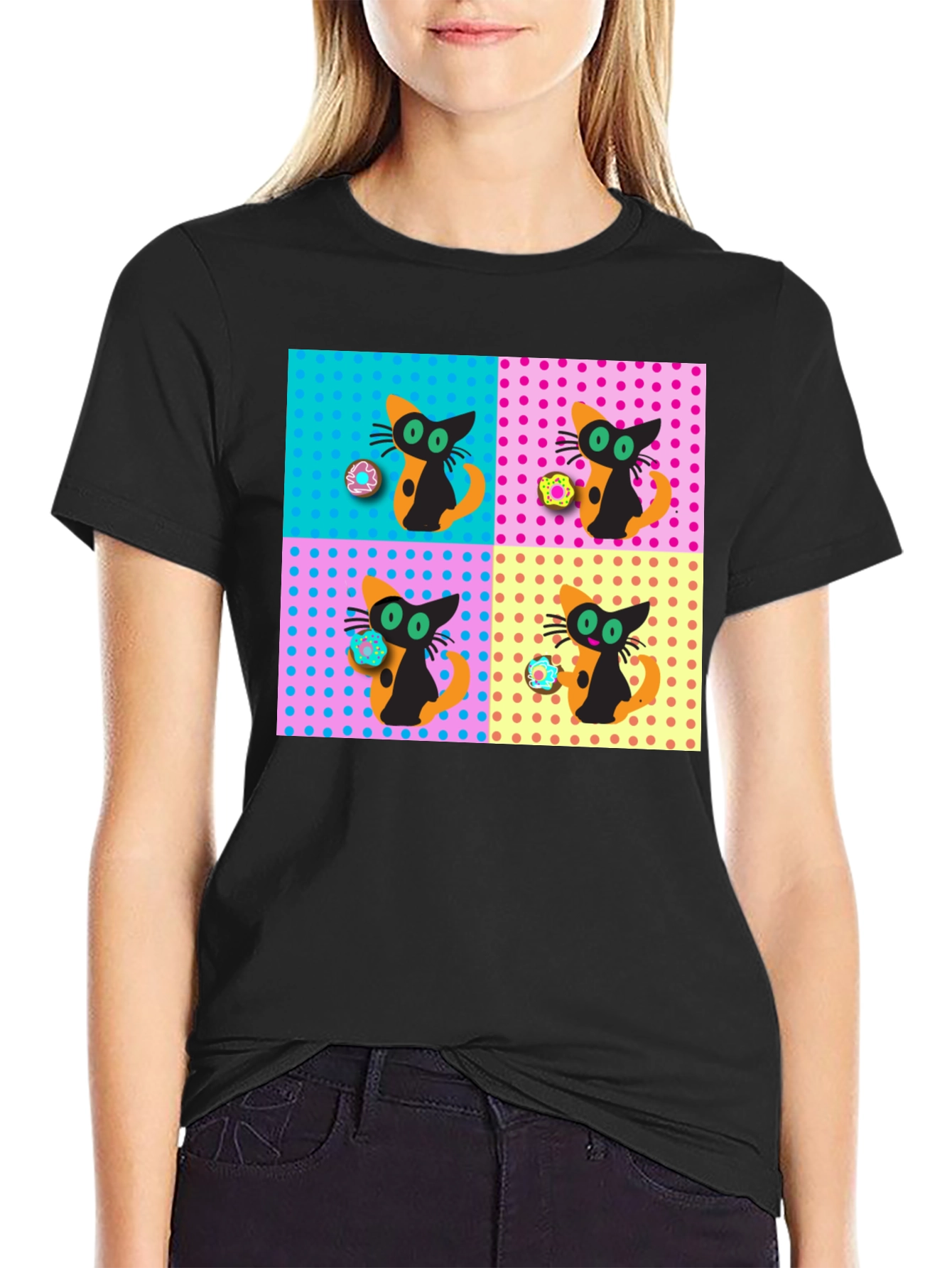 Retro Cat & Donut Pattern Graphic Tee