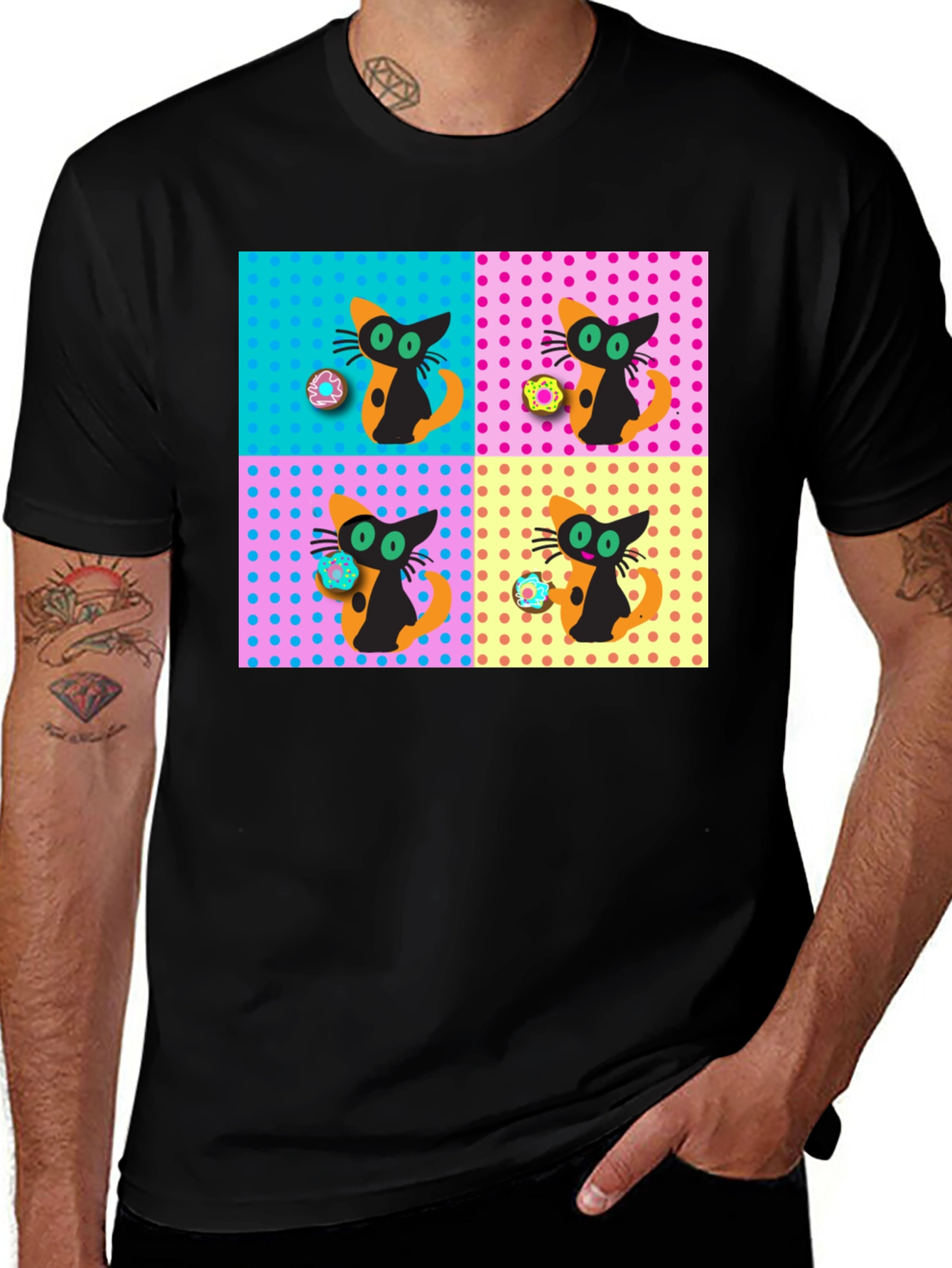 Retro Cat & Donut Pattern Graphic Tee