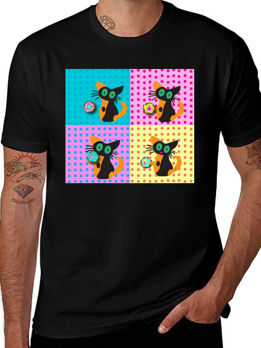 Retro Cat & Donut Pattern Graphic Tee