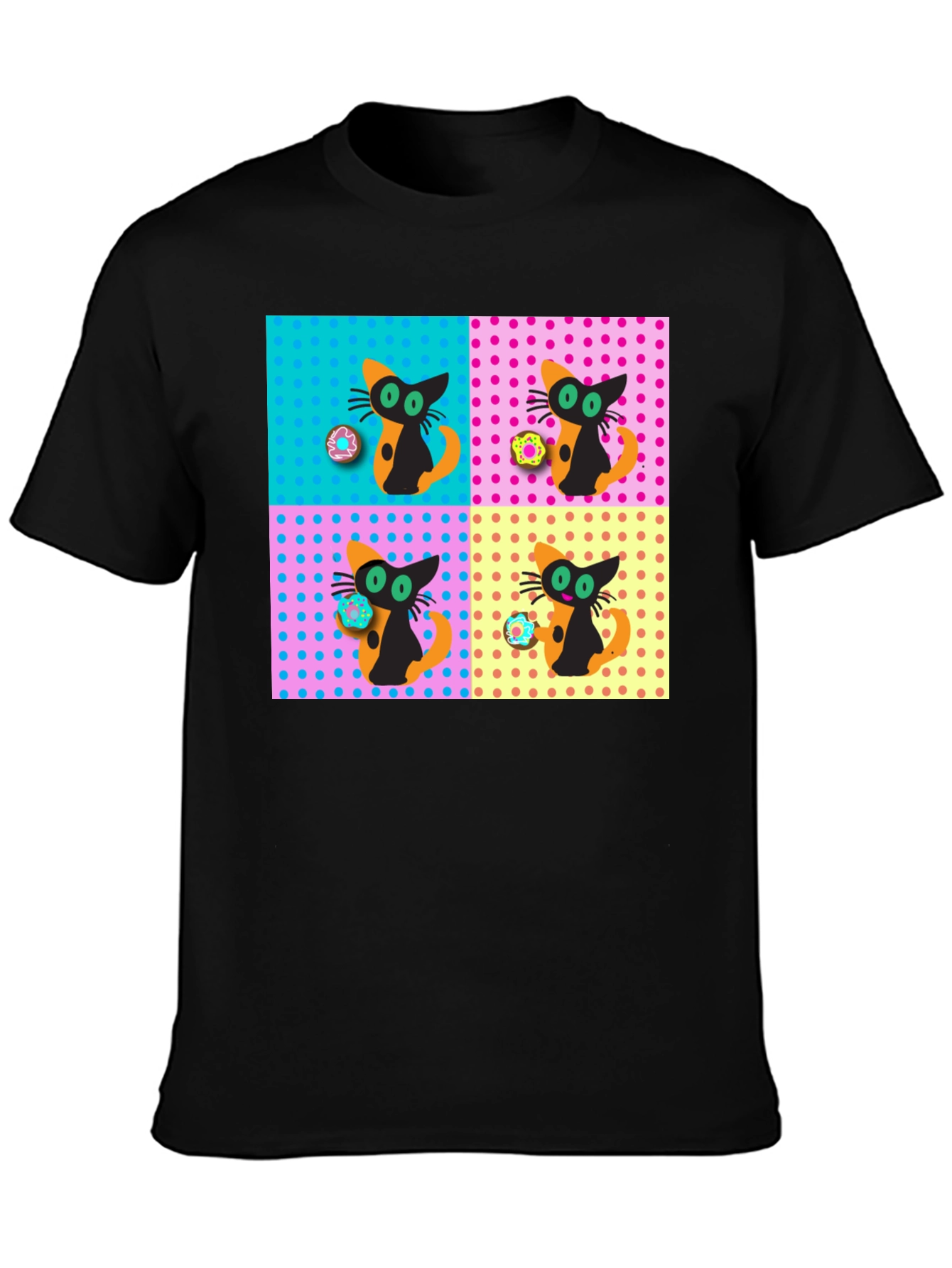 Retro Cat & Donut Pattern Graphic Tee