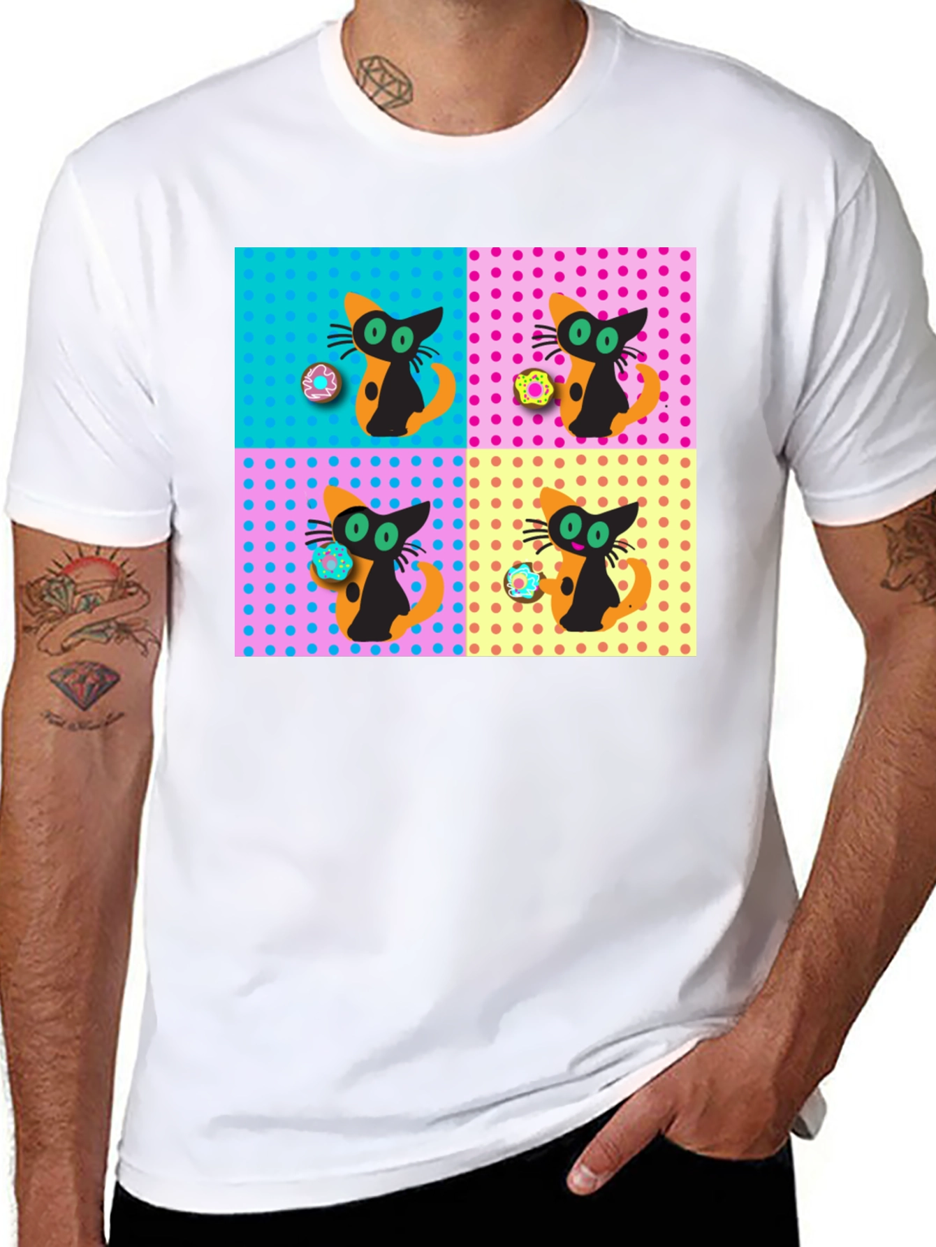 Retro Cat & Donut Pattern Graphic Tee