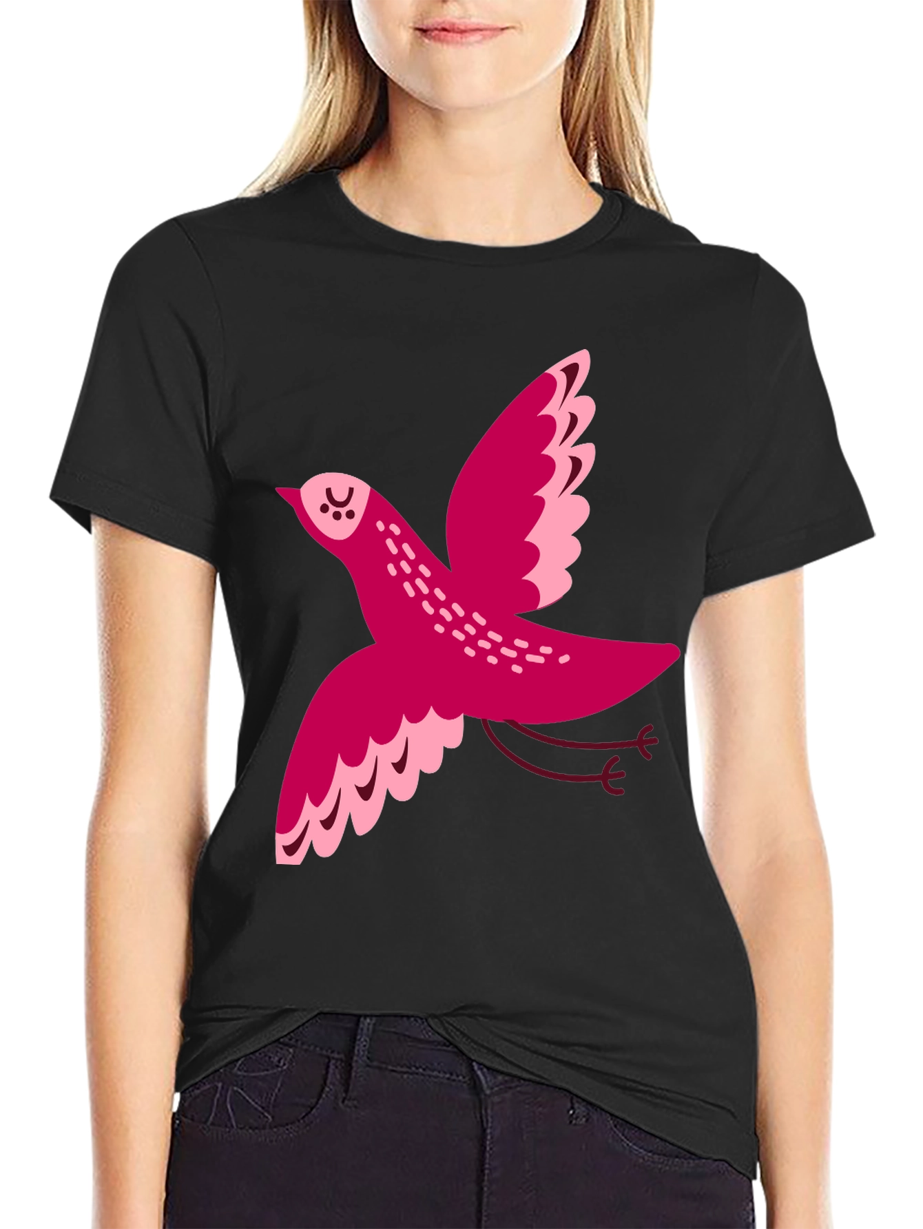 Whimsical Bird Graphic Tee - Black Cotton T-Shirt