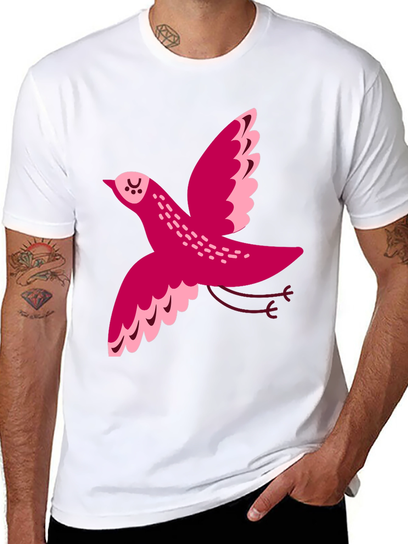 Whimsical Bird Graphic Tee - Black Cotton T-Shirt