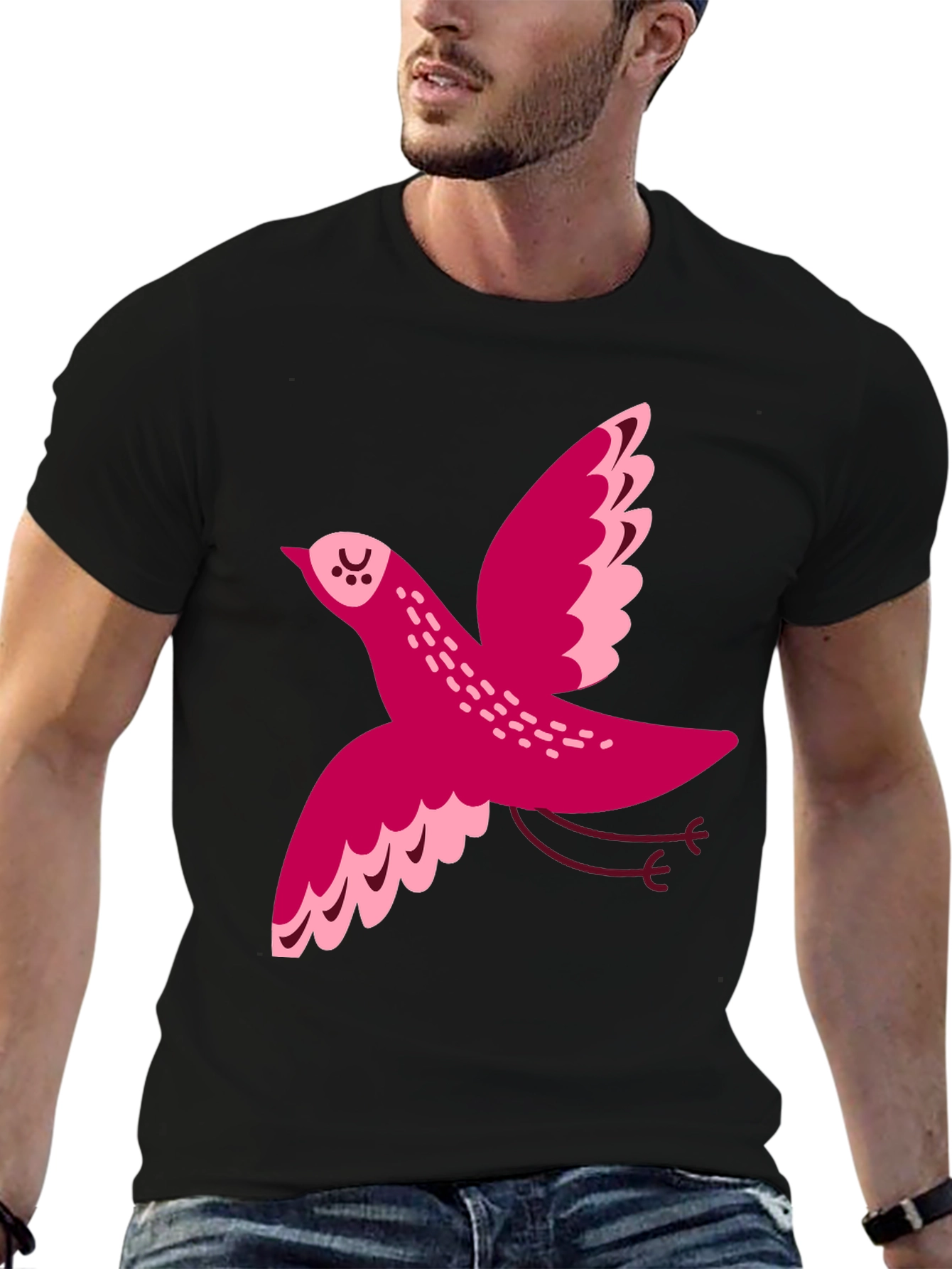 Whimsical Bird Graphic Tee - Black Cotton T-Shirt
