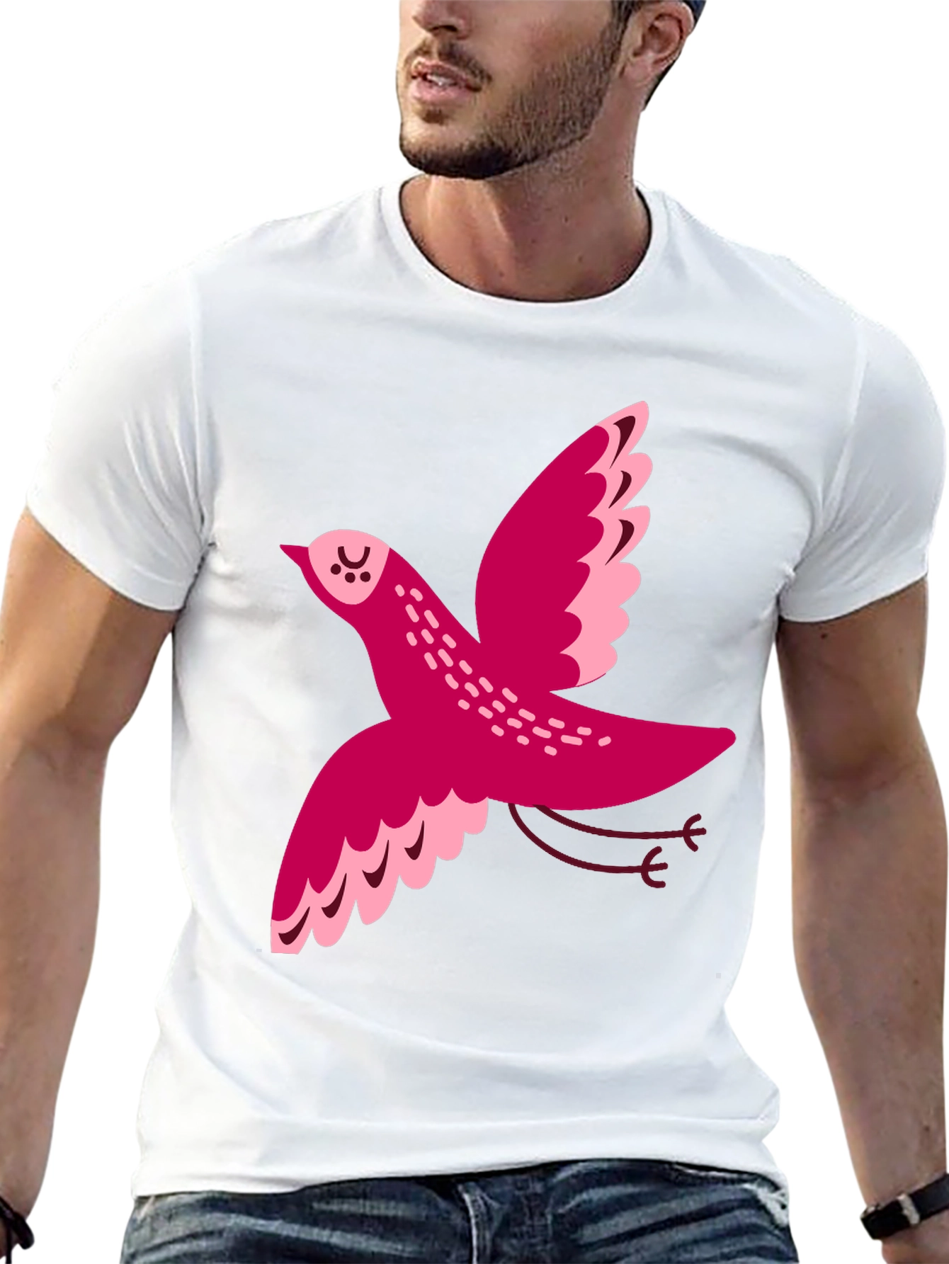 Whimsical Bird Graphic Tee - Black Cotton T-Shirt