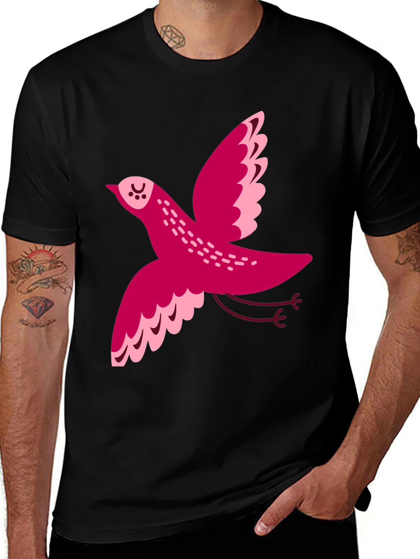 Whimsical Bird Graphic Tee - Black Cotton T-Shirt