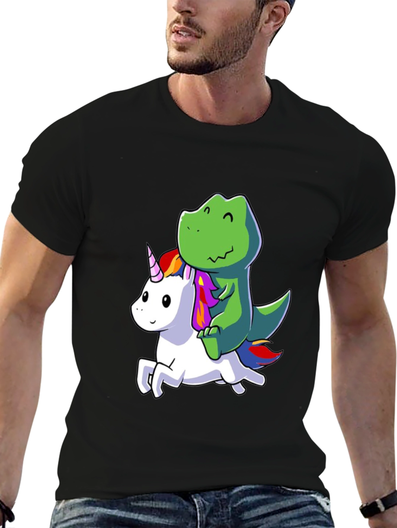 Dino Riding Unicorn Black T-Shirt