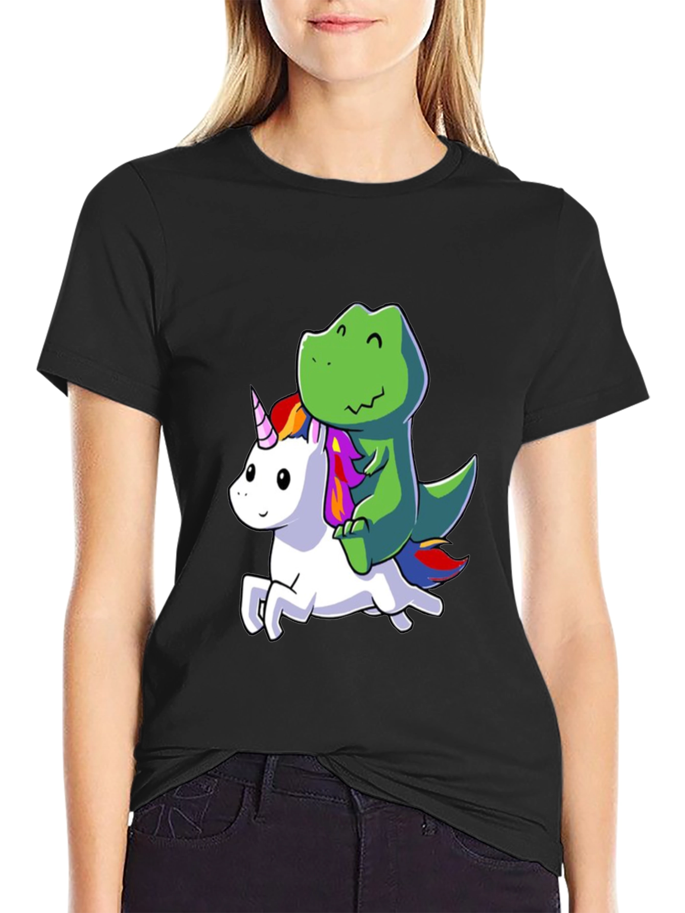 Dino Riding Unicorn Black T-Shirt