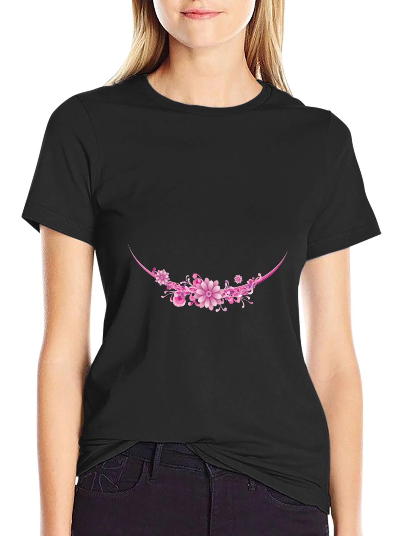 Floral Crescent Graphic Tee - Black Cotton Blend