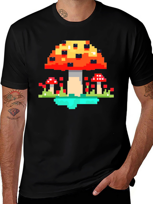 Pixel Mushroom Graphic Tee - Retro Gaming Style Shirt