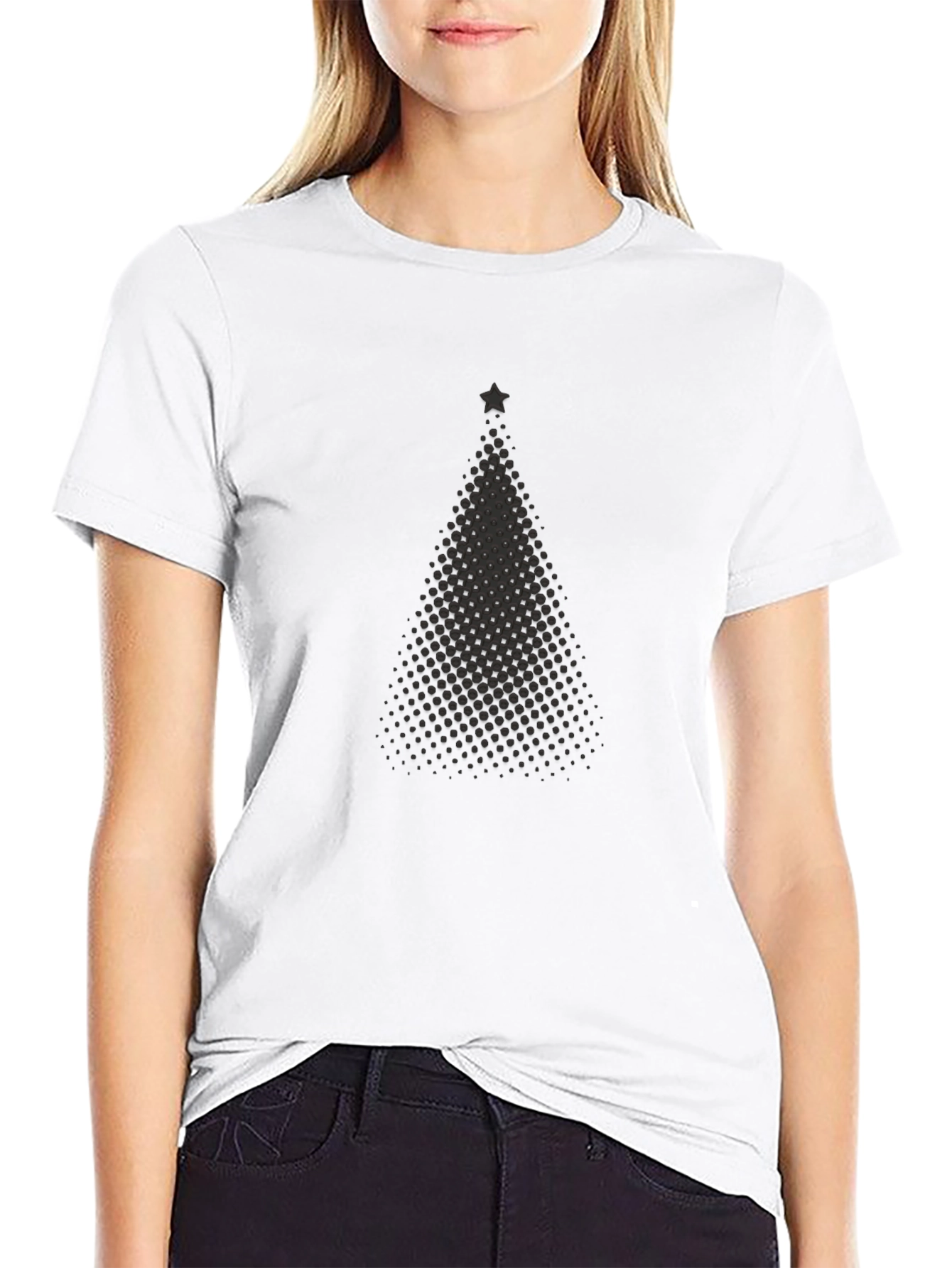 Festive Christmas Tree Dot Pattern Black T-Shirt
