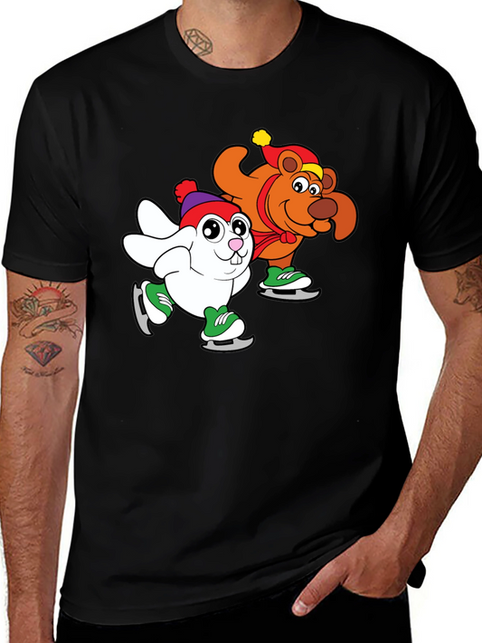Cartoon Ice Skating Animals Black T-Shirt