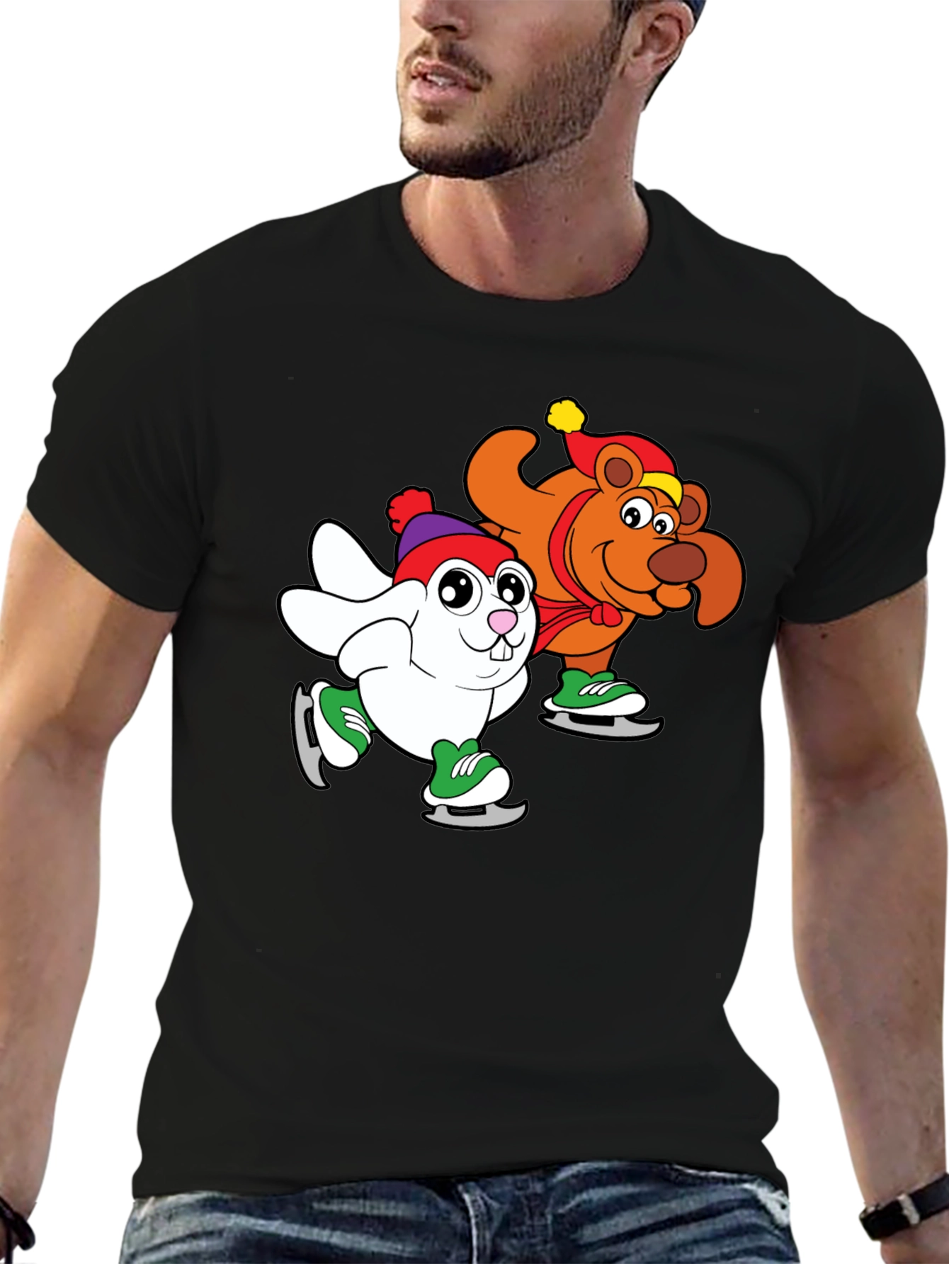 Cartoon Ice Skating Animals Black T-Shirt