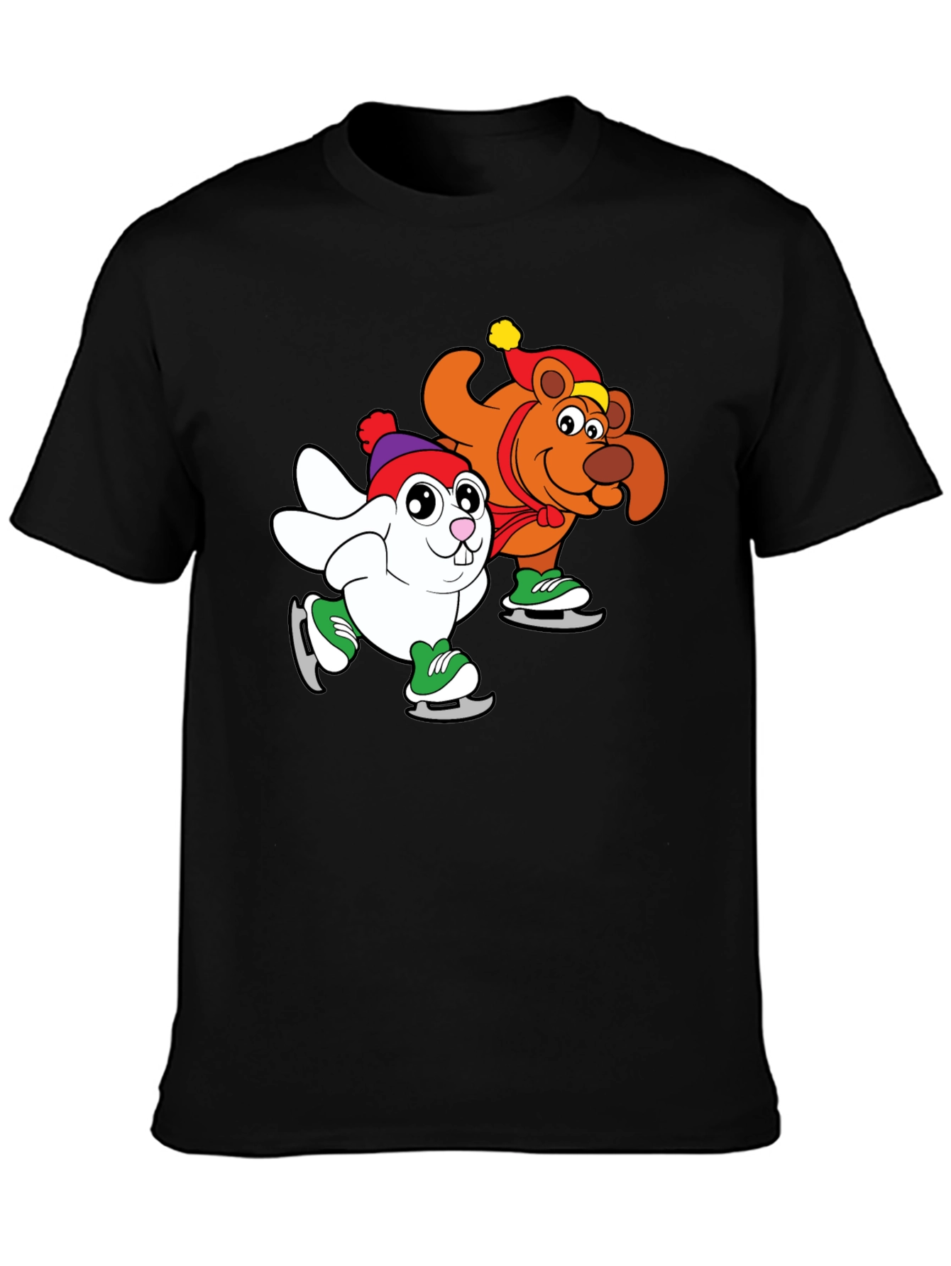 Cartoon Ice Skating Animals Black T-Shirt