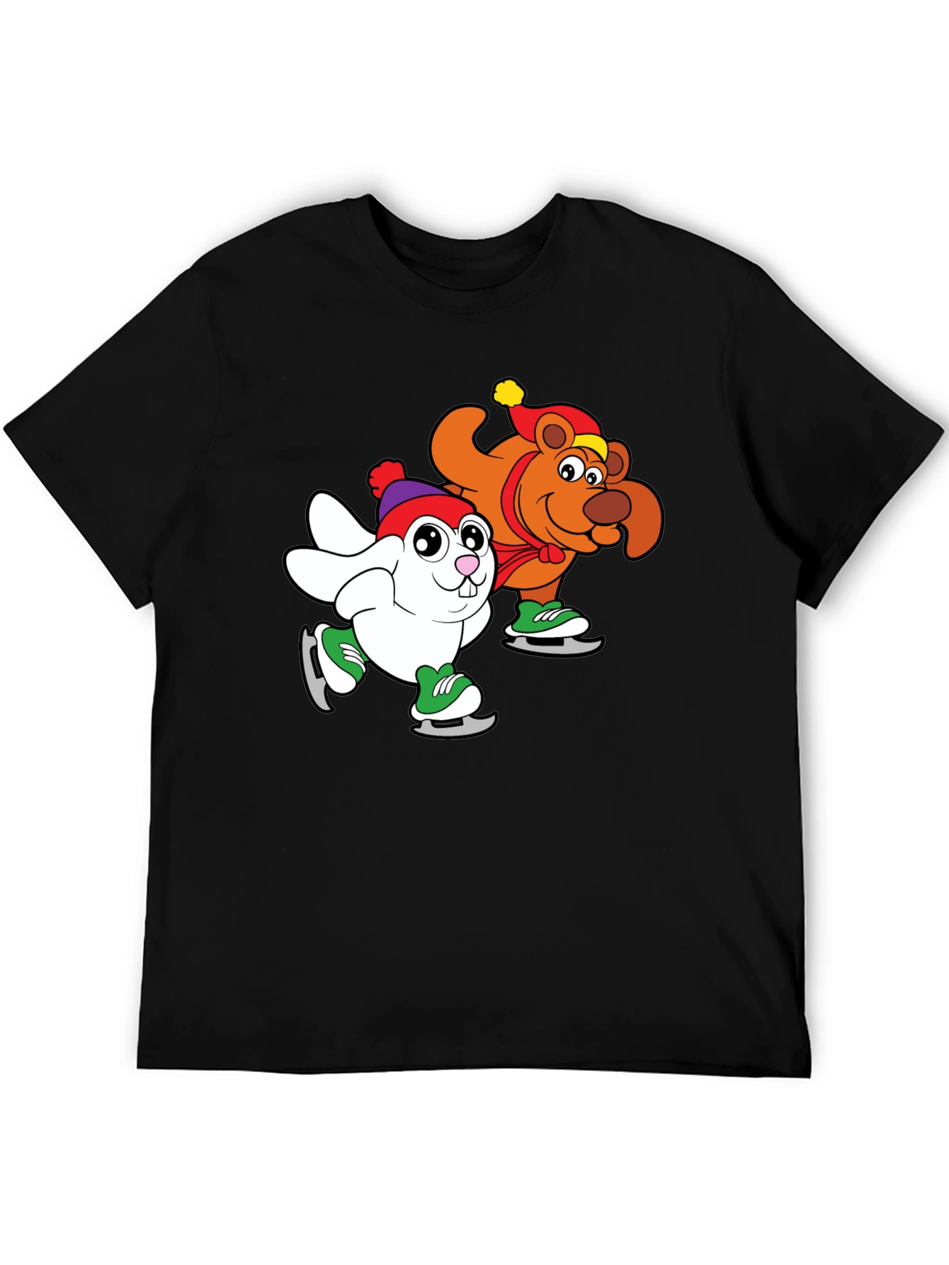 Cartoon Ice Skating Animals Black T-Shirt