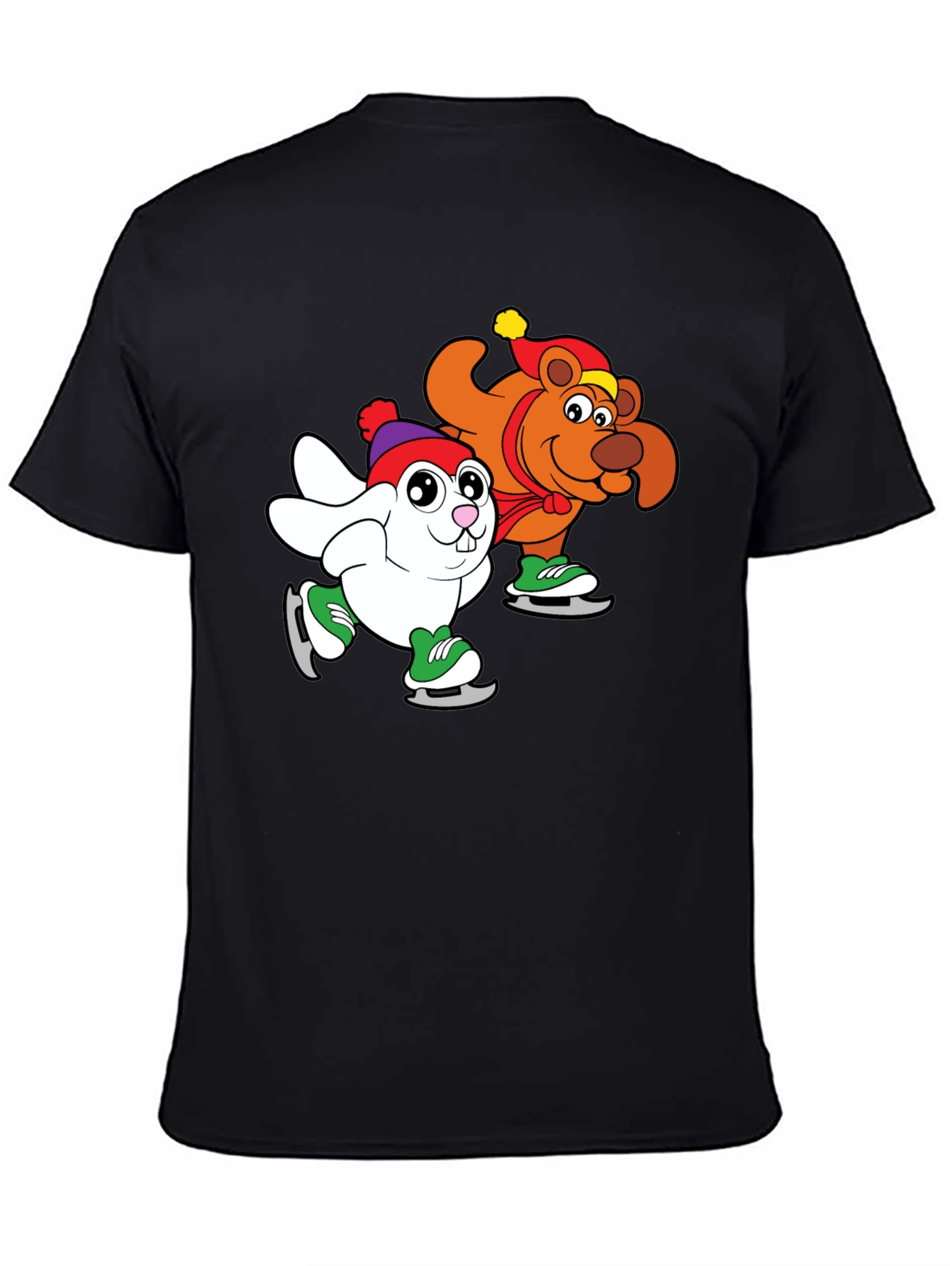 Cartoon Ice Skating Animals Black T-Shirt