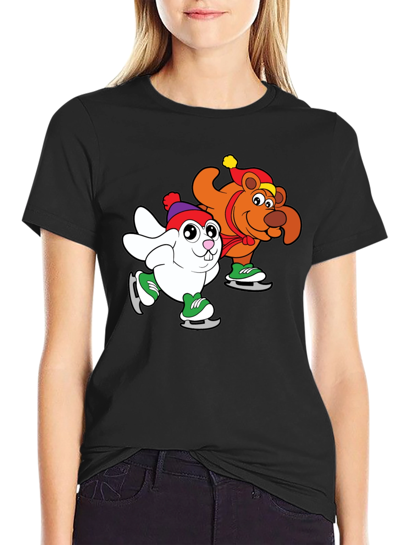 Cartoon Ice Skating Animals Black T-Shirt