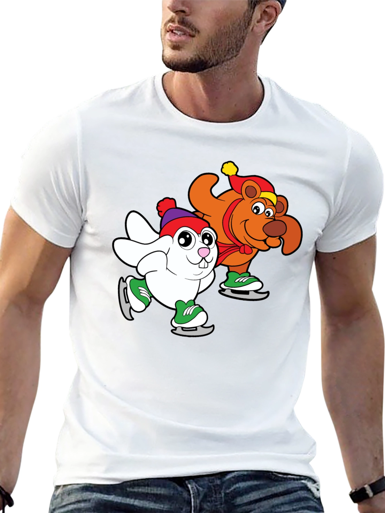 Cartoon Ice Skating Animals Black T-Shirt
