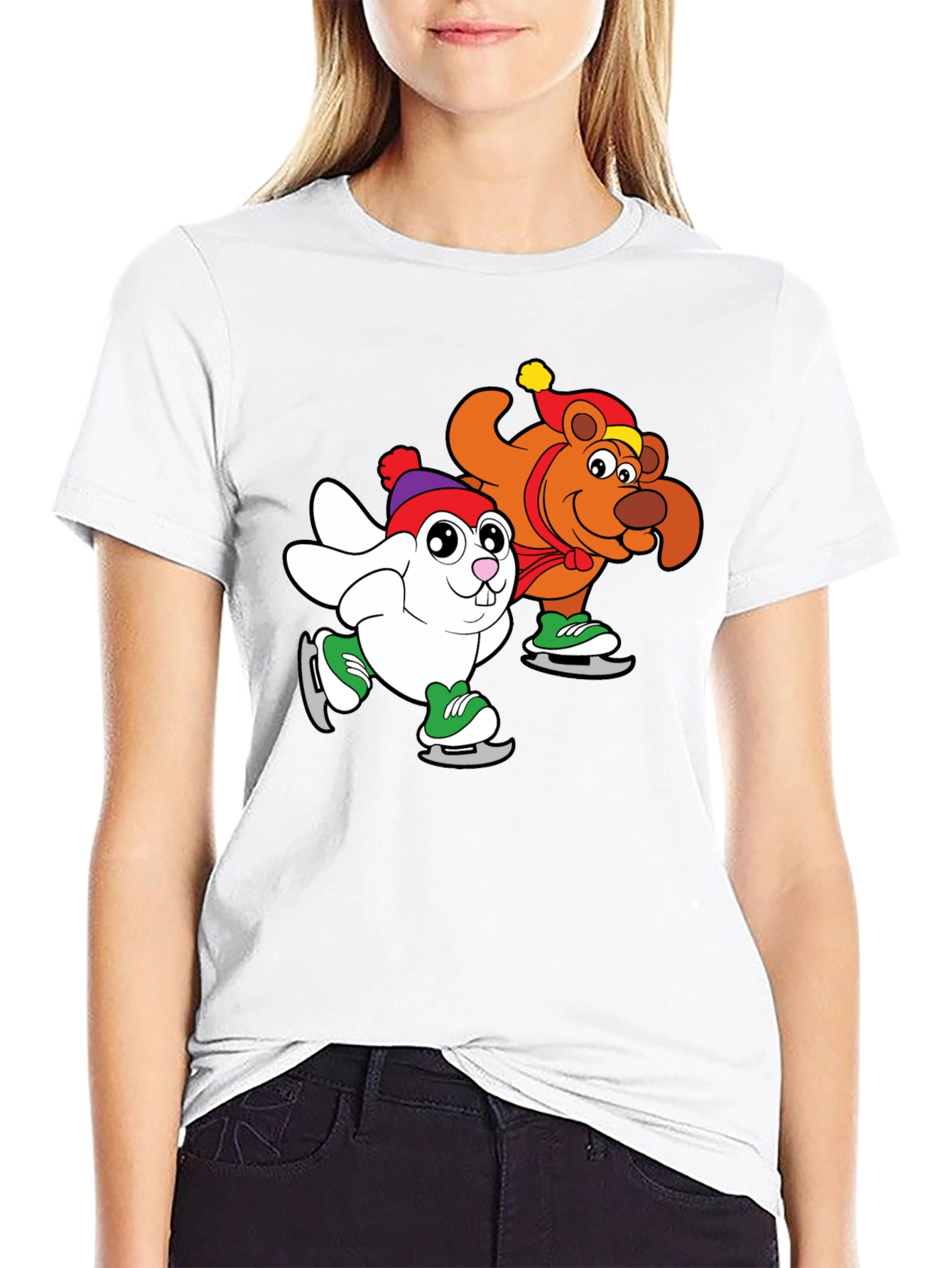 Cartoon Ice Skating Animals Black T-Shirt
