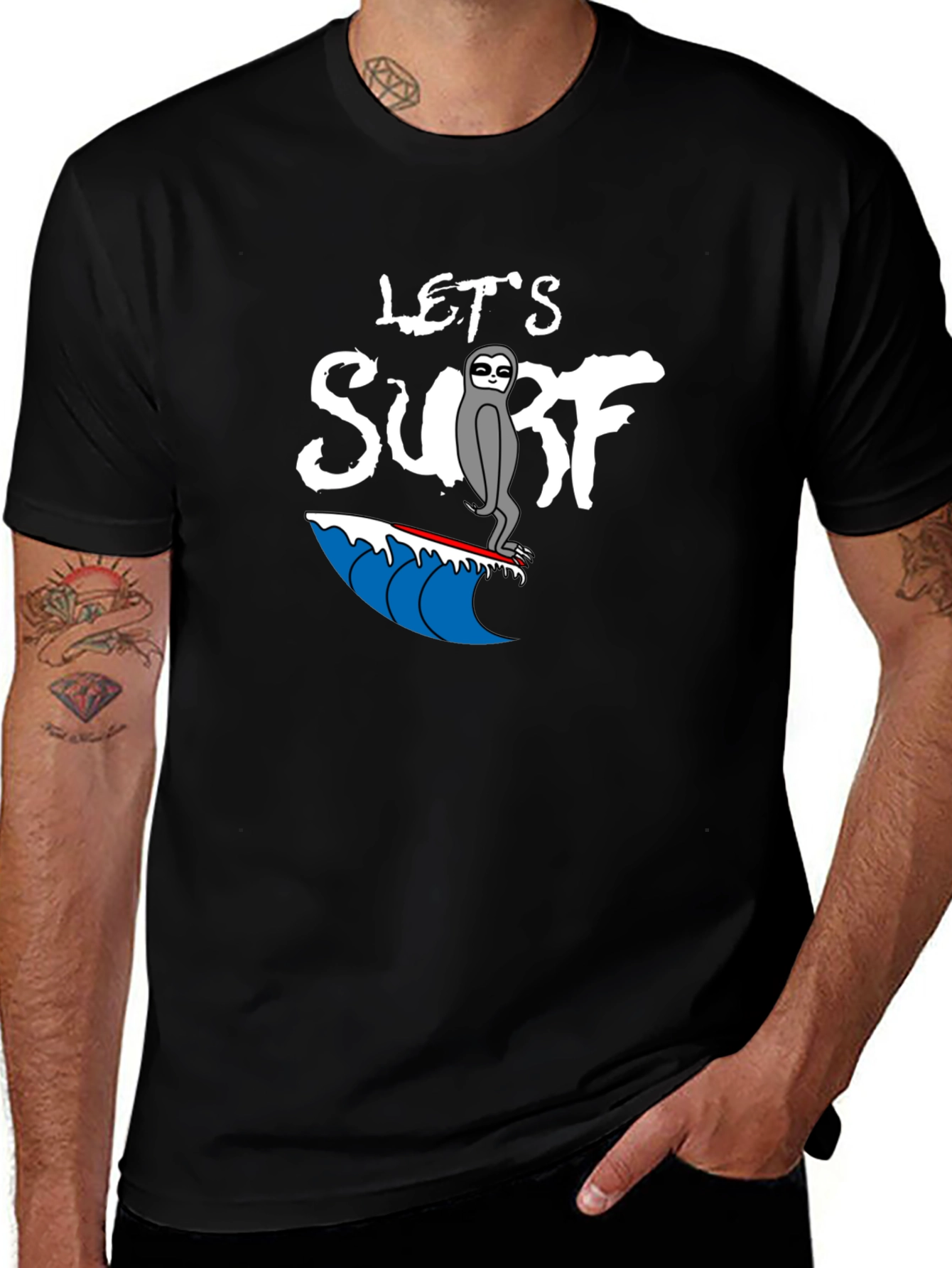 Lets Surf Sloth T-Shirt - Black Graphic Tee