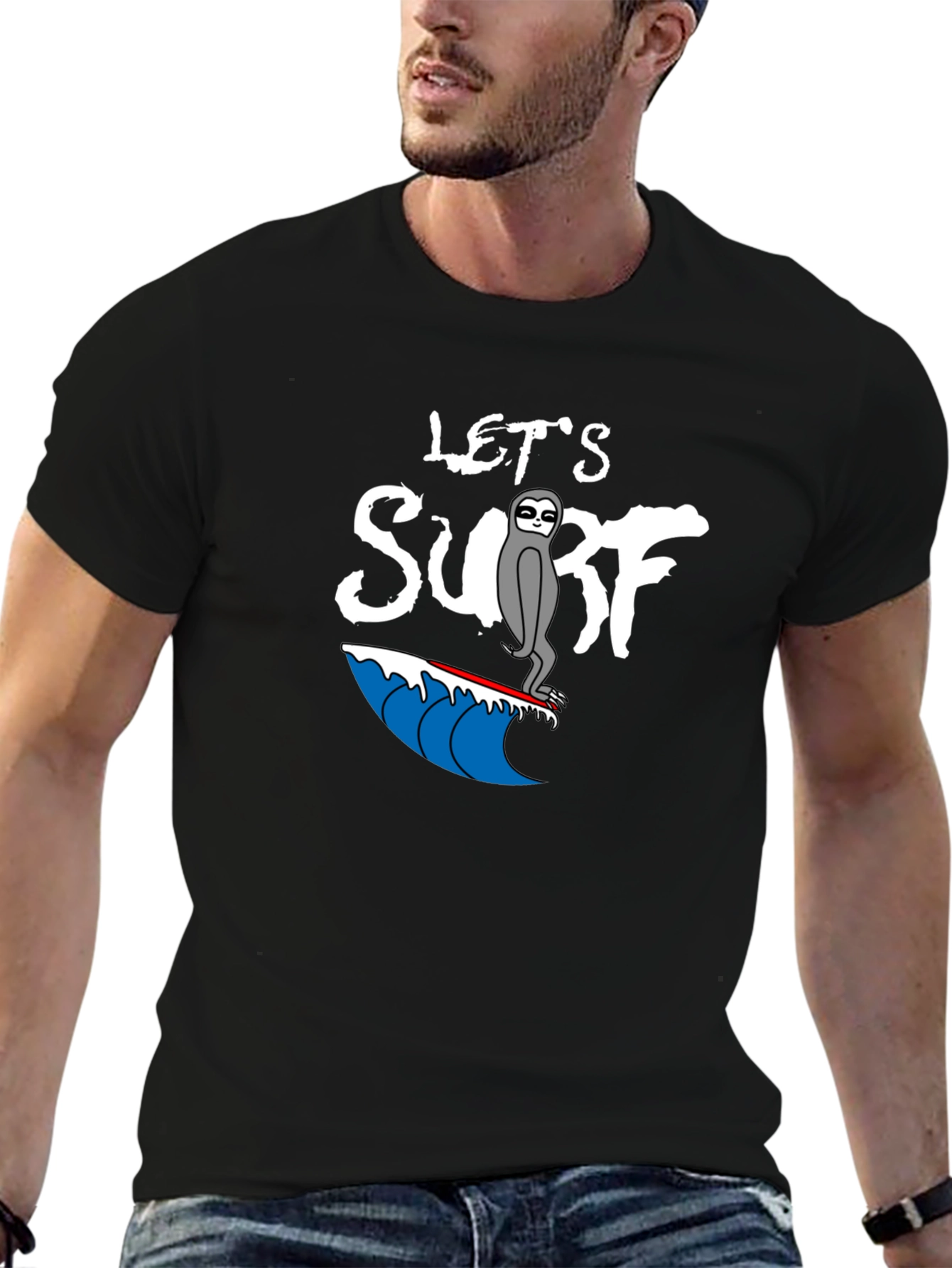 Lets Surf Sloth T-Shirt - Black Graphic Tee
