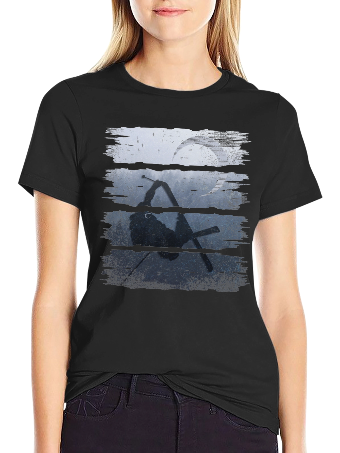 Skiing Silhouette Graphic Tee - Sporty Black T-Shirt
