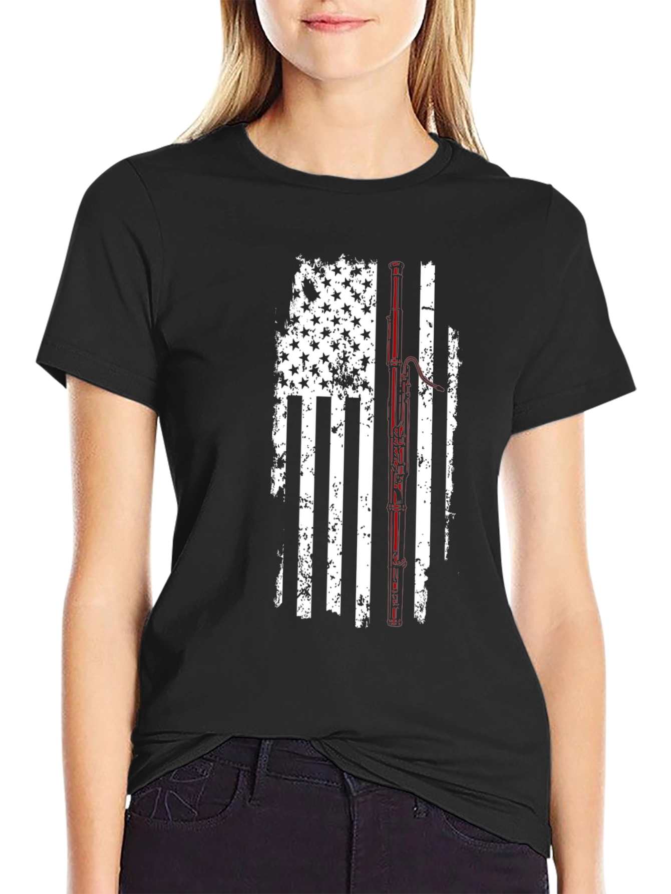 Distressed American Flag Fishing Rod Graphic T-Shirt