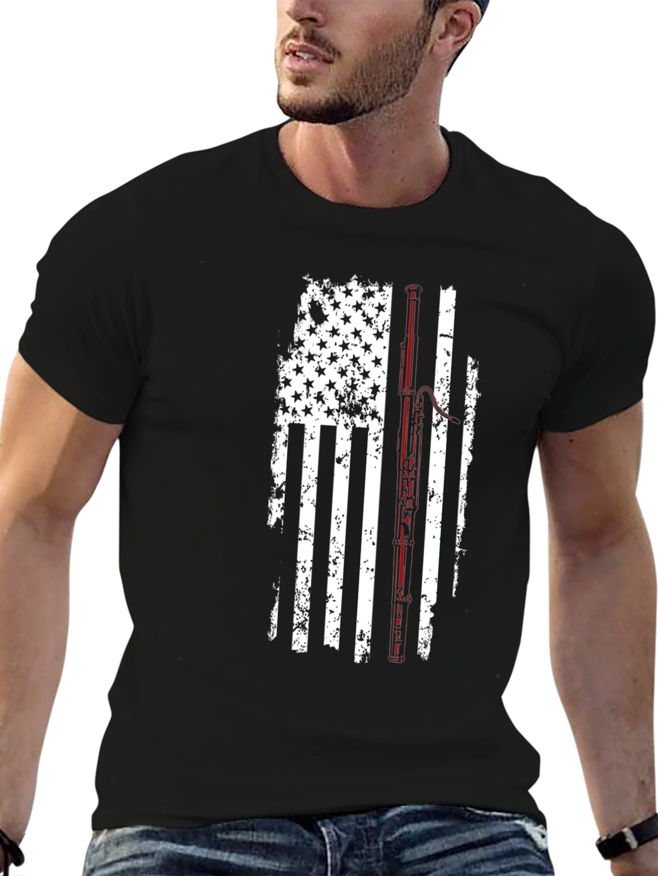 Distressed American Flag Fishing Rod Graphic T-Shirt