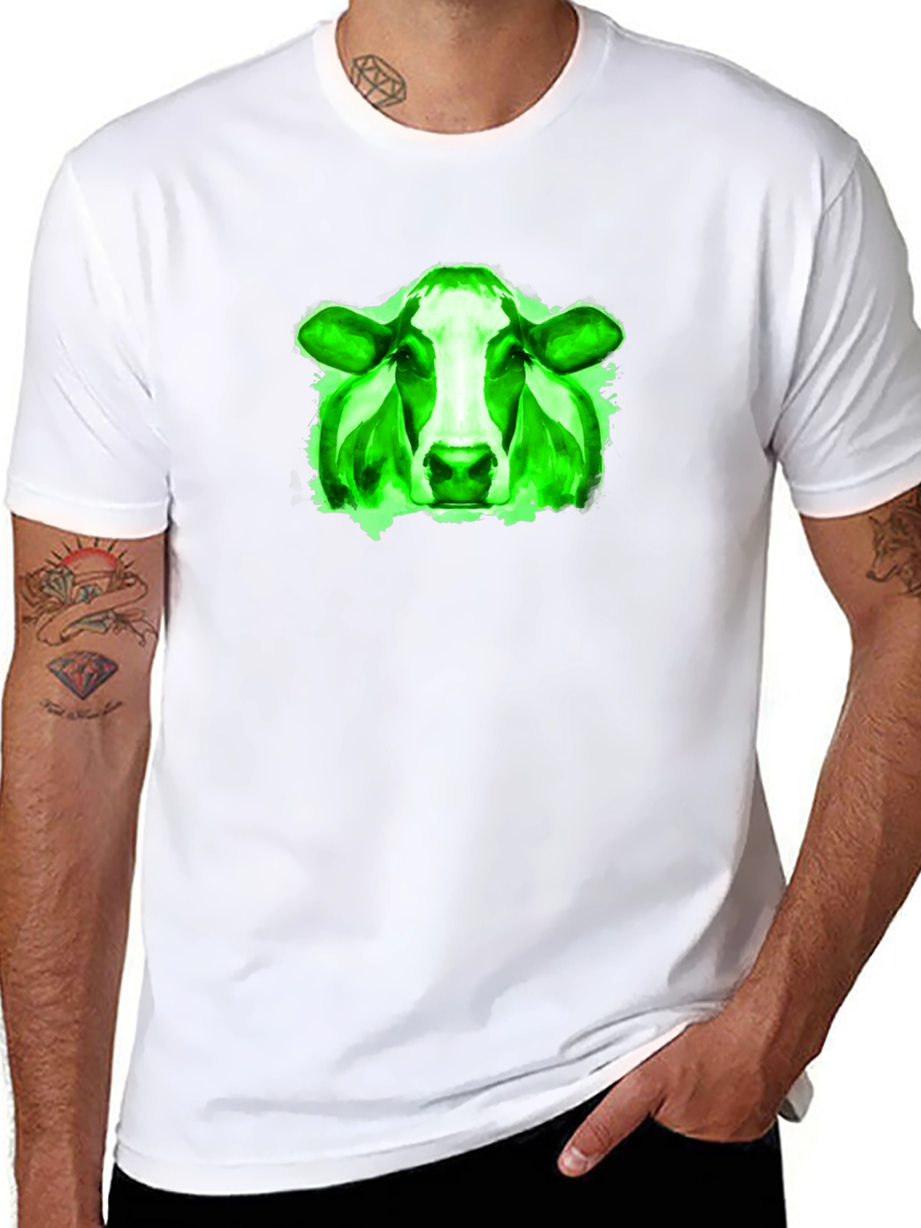 Green Cow Graphic Black T-Shirt