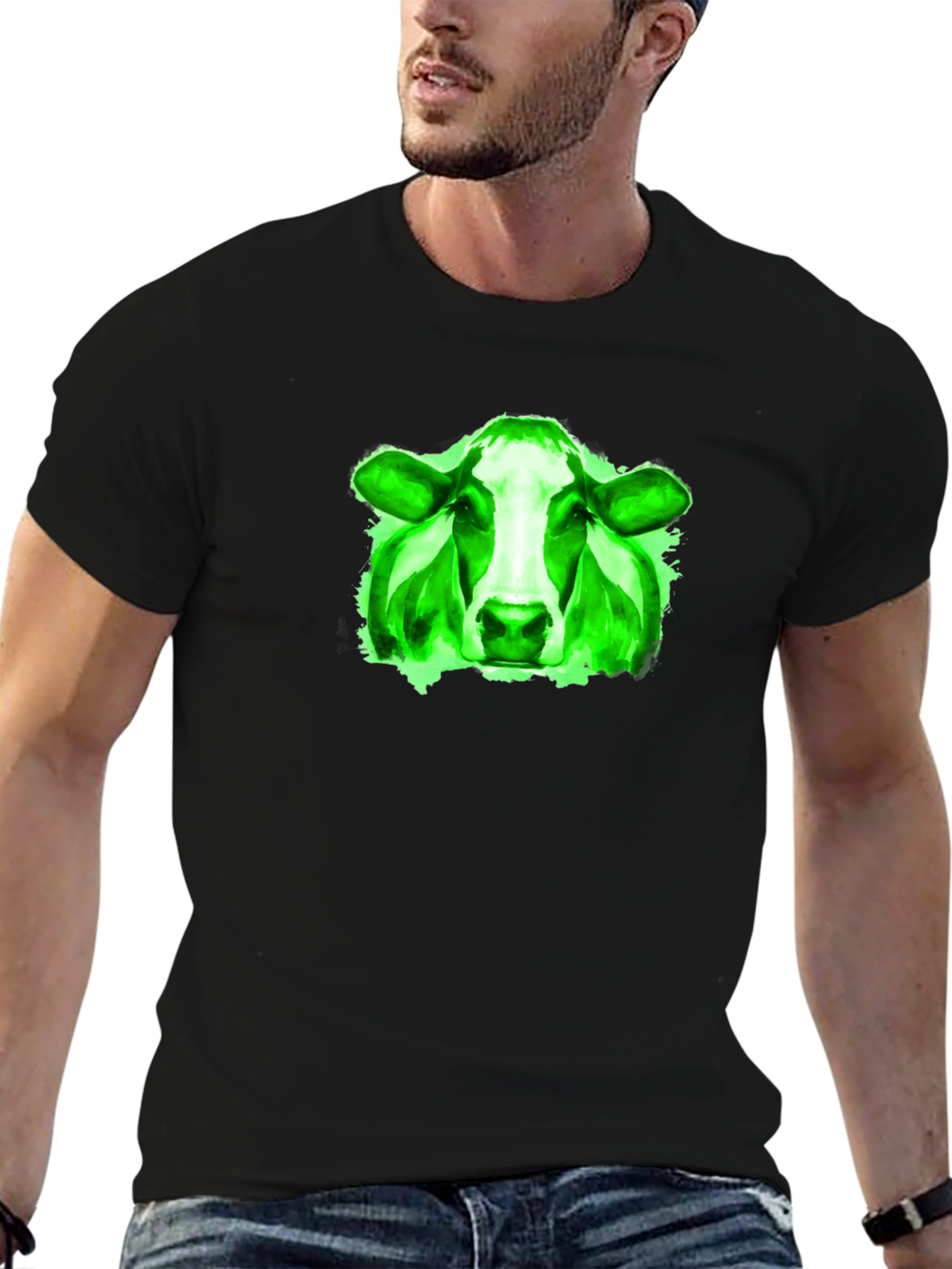Green Cow Graphic Black T-Shirt