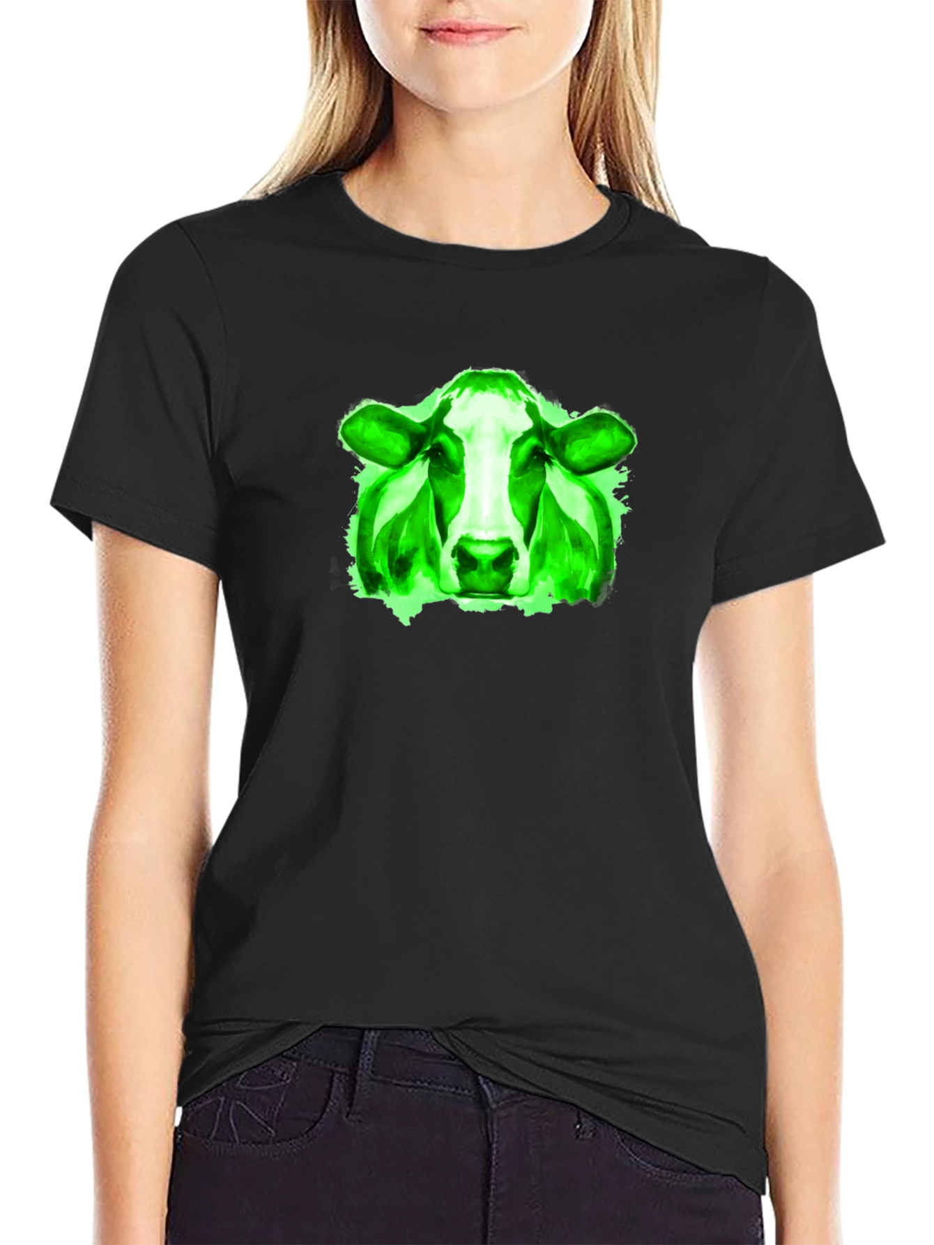 Green Cow Graphic Black T-Shirt