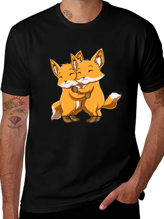 Cute Foxes Hug Black T-Shirt