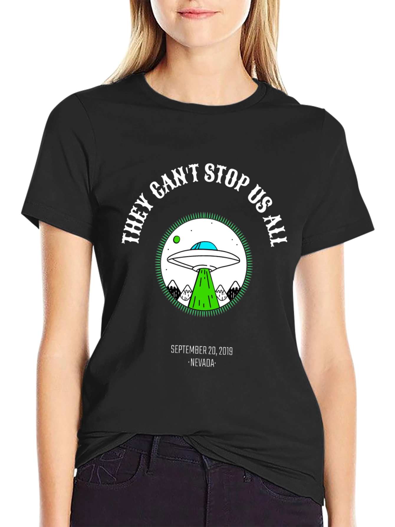 They Cant Stop Us All Alien UFO Graphic T-Shirt