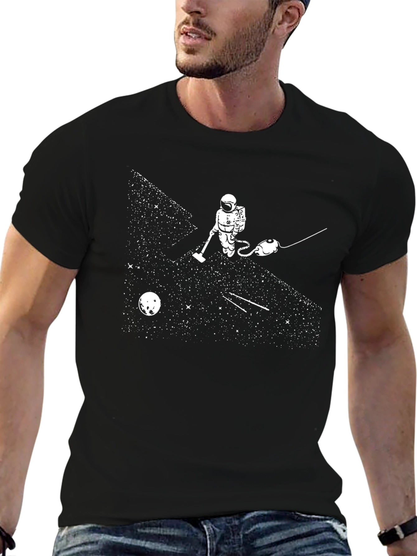 Astronaut Vacuuming Stars Funny Graphic T-Shirt