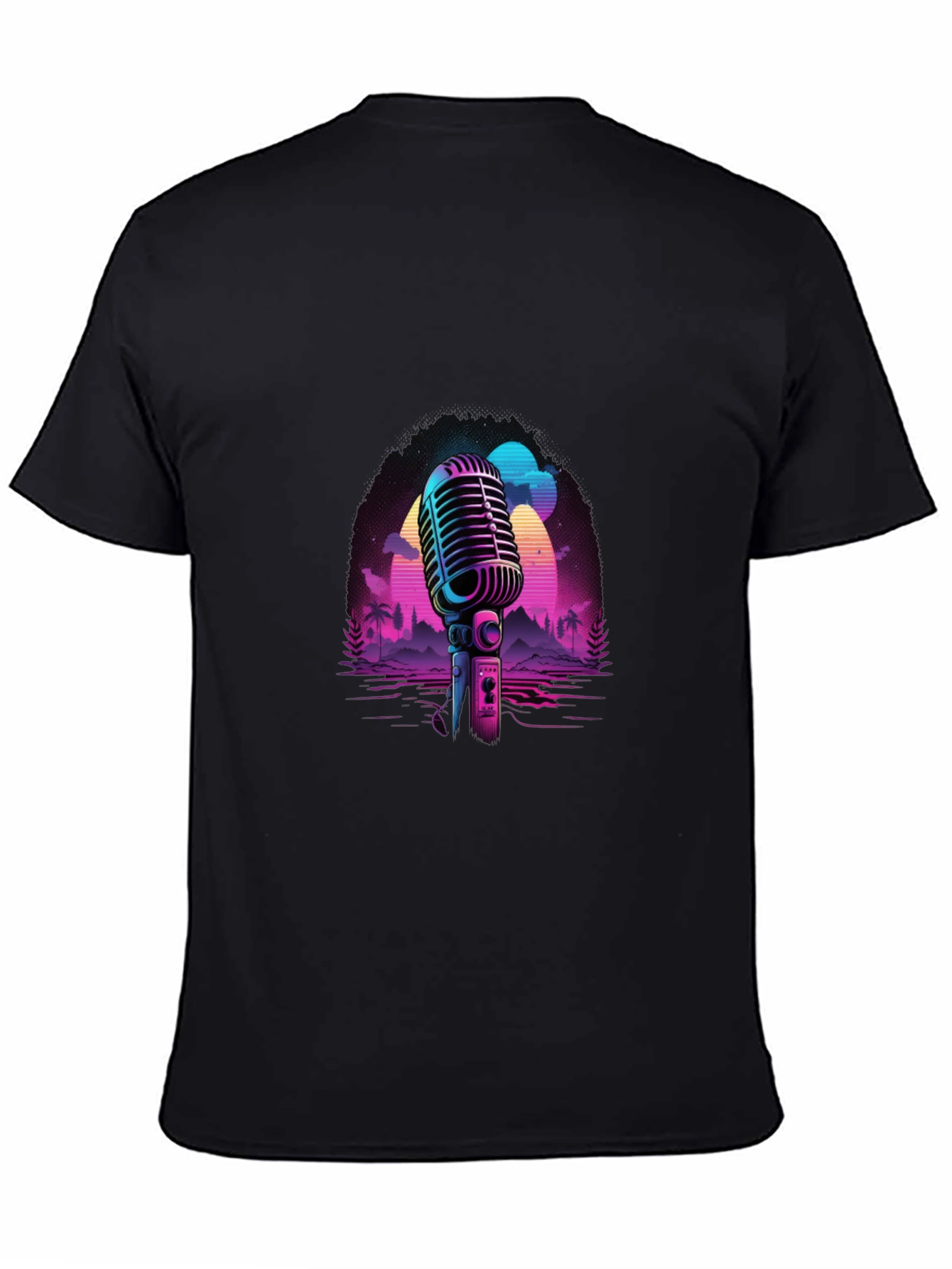 Retro Microphone Graphic Tee - Black Cotton Blend