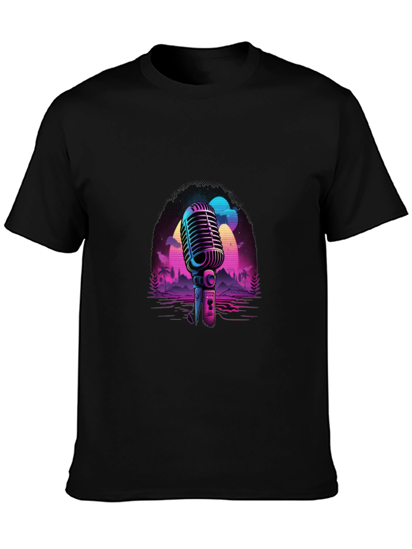 Retro Microphone Graphic Tee - Black Cotton Blend