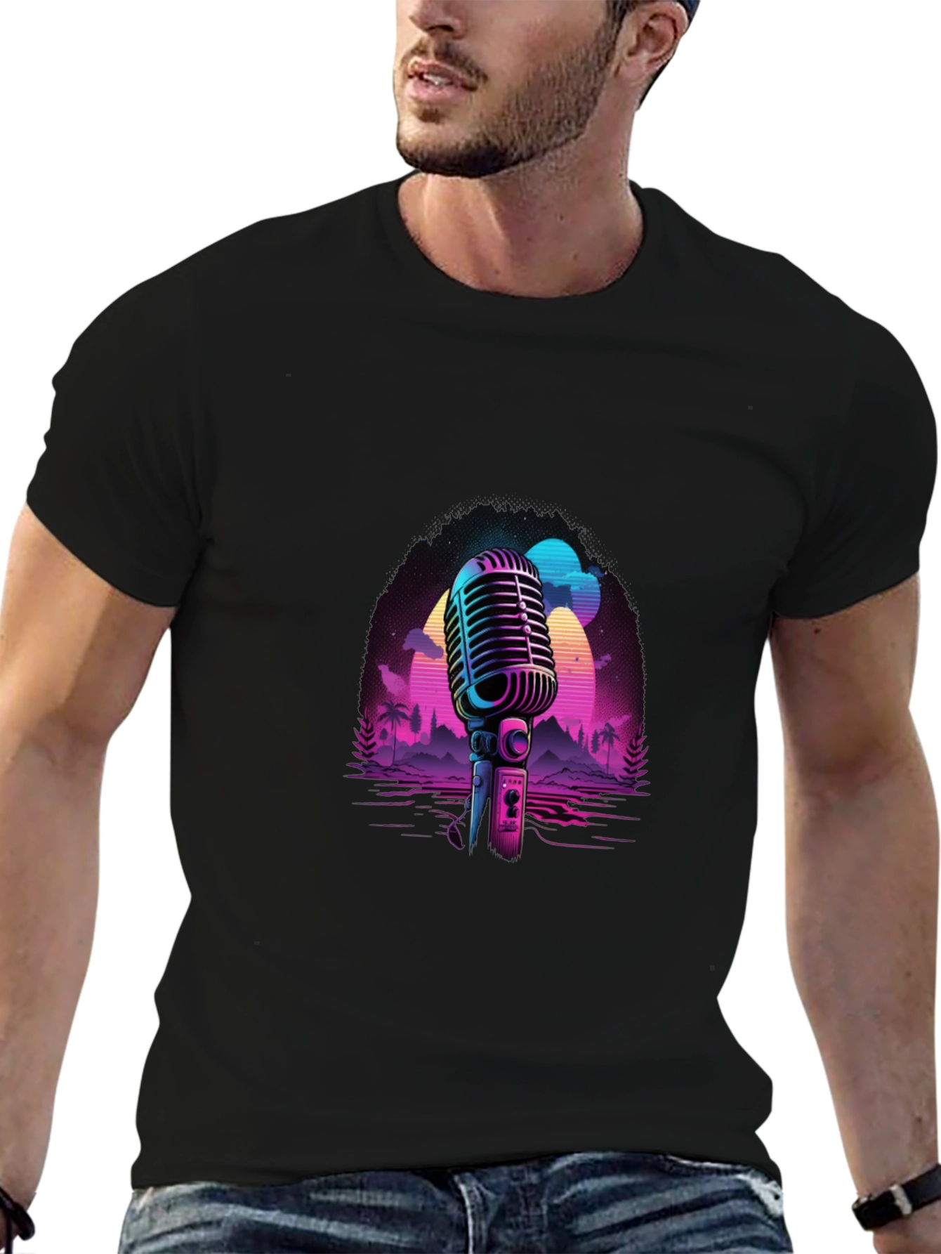 Retro Microphone Graphic Tee - Black Cotton Blend