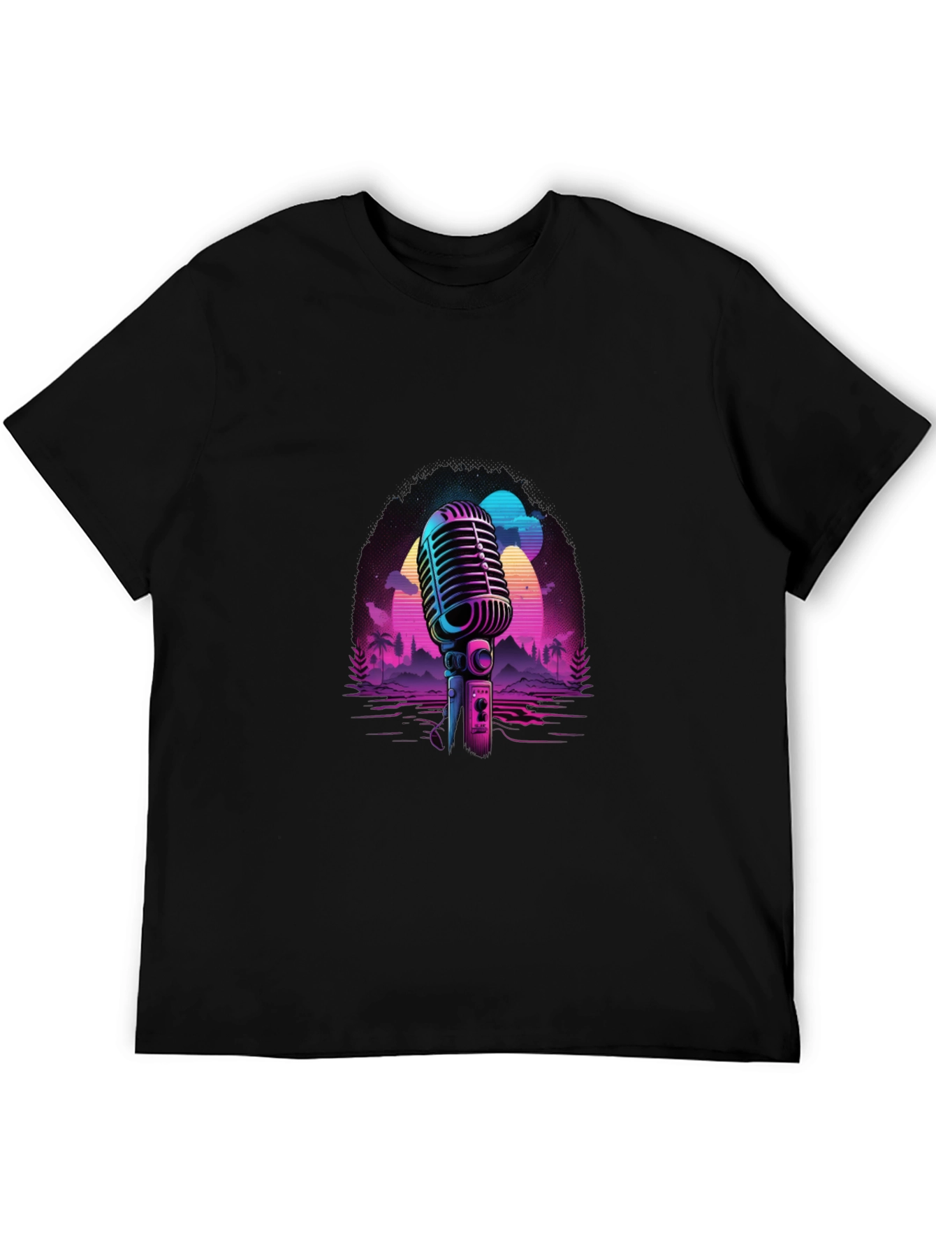 Retro Microphone Graphic Tee - Black Cotton Blend