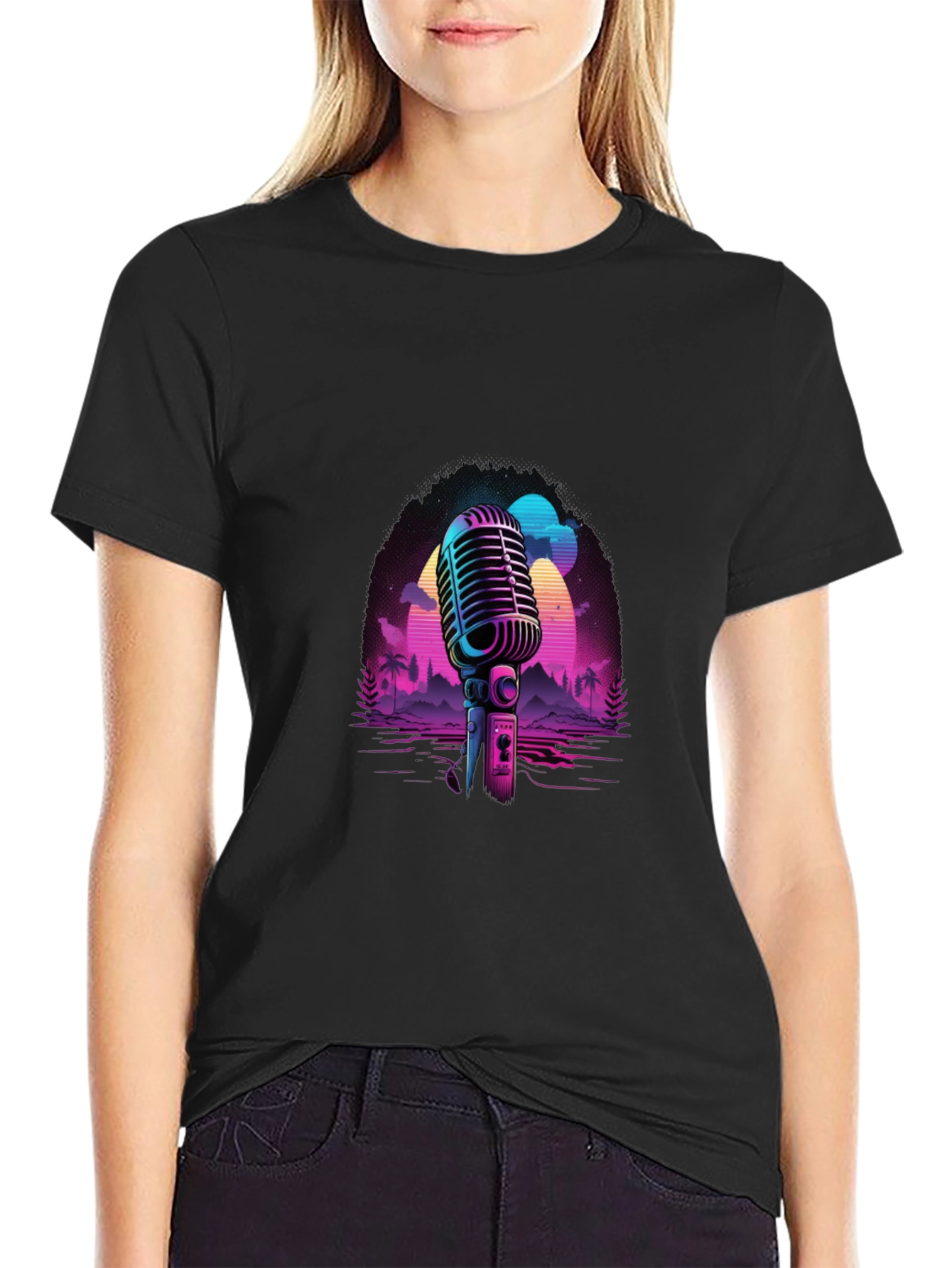 Retro Microphone Graphic Tee - Black Cotton Blend
