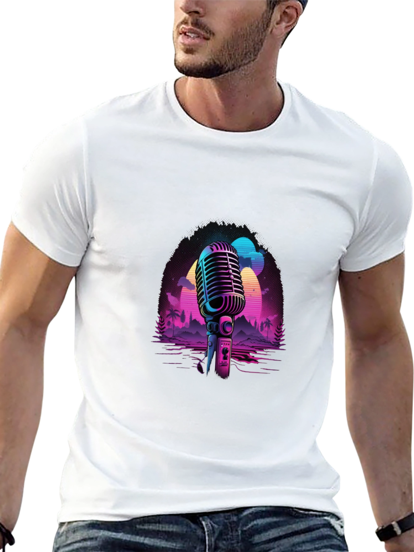 Retro Microphone Graphic Tee - Black Cotton Blend